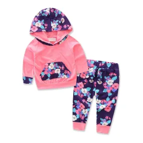 2 Piece Pink Floral Baby Girl Hoodie and Pants Set