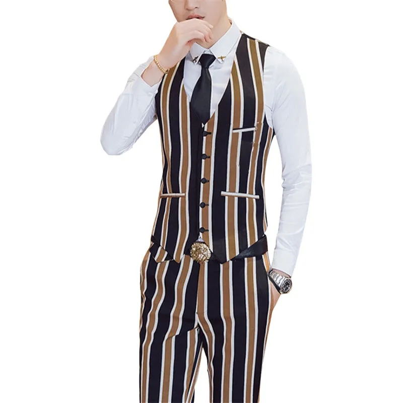 3-Piece Slim Fit Casual Stripe Brown Suit