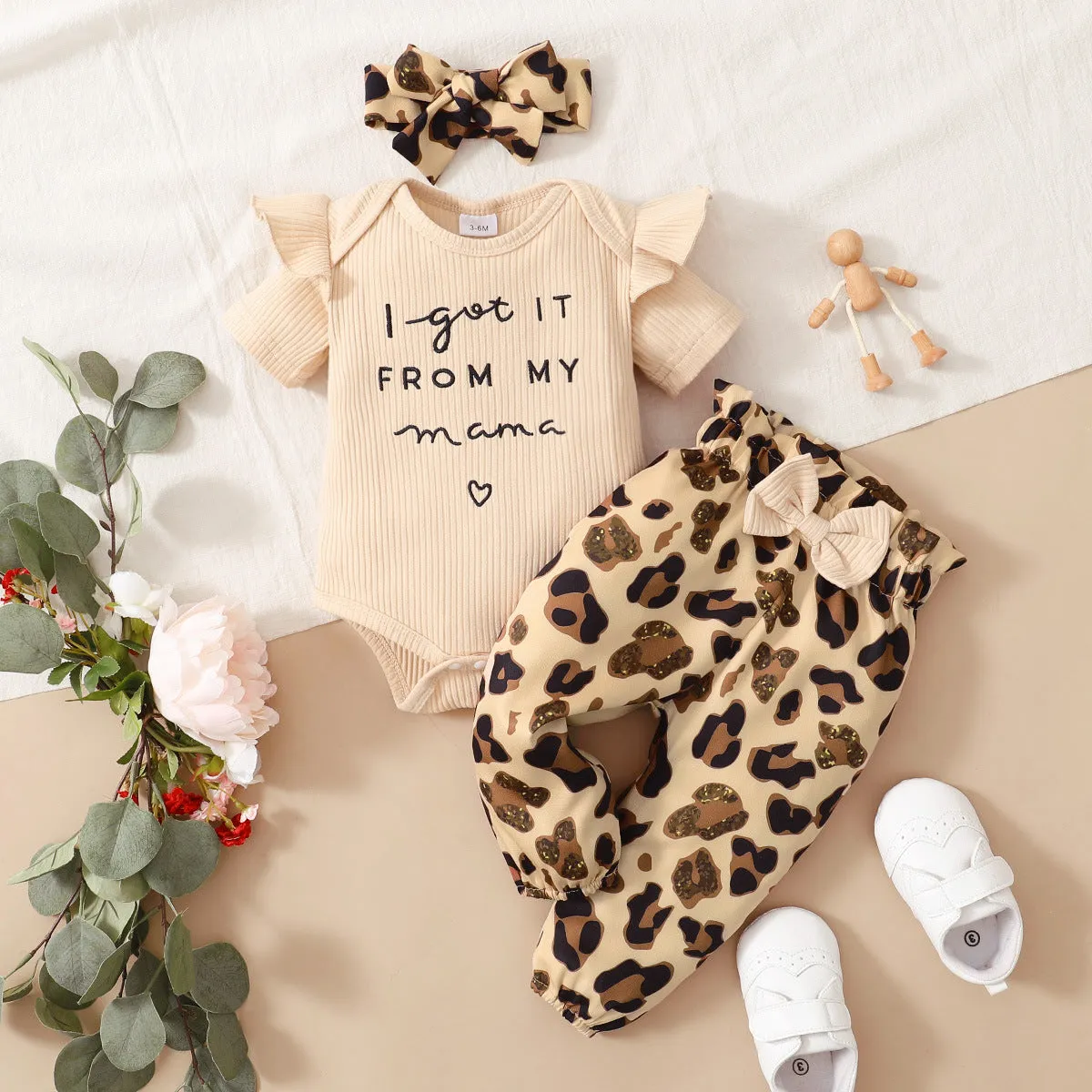 3 Pieces Set Baby Girls Letters Rompers Leopard Pants And Bow Headwear