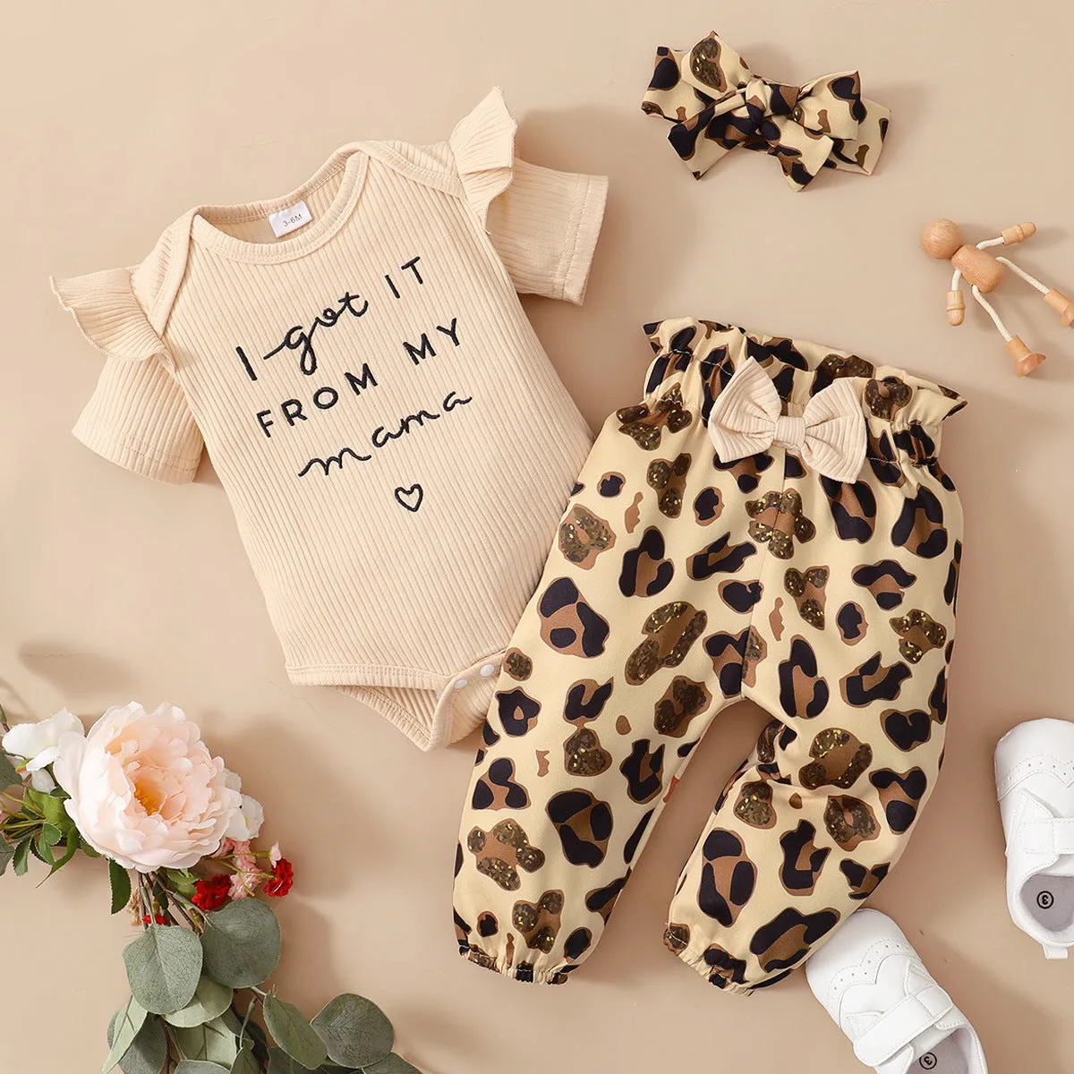 3 Pieces Set Baby Girls Letters Rompers Leopard Pants And Bow Headwear