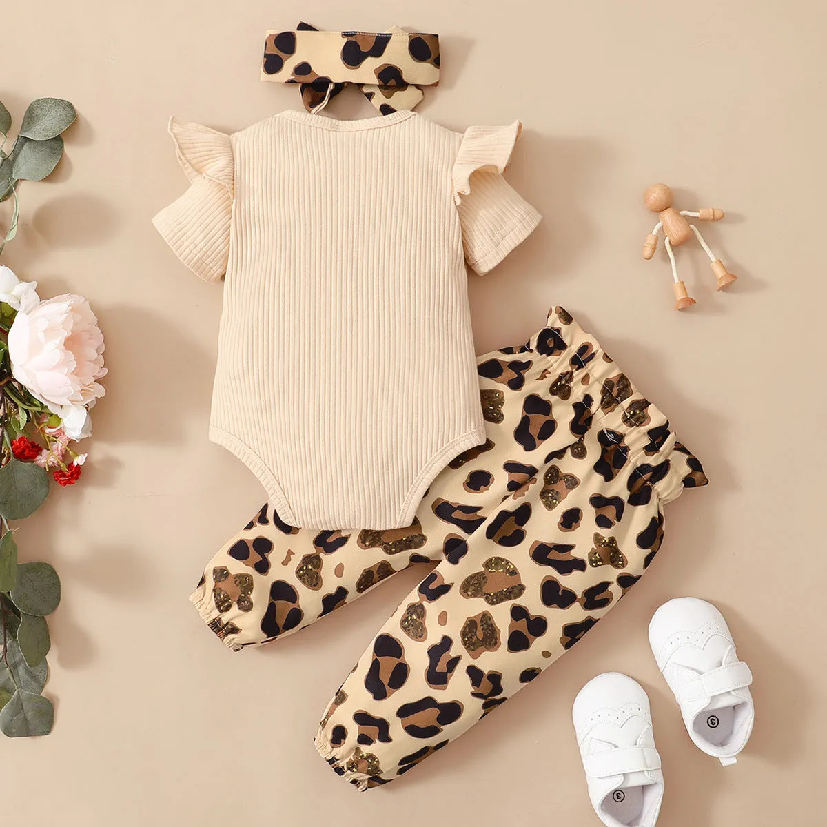 3 Pieces Set Baby Girls Letters Rompers Leopard Pants And Bow Headwear