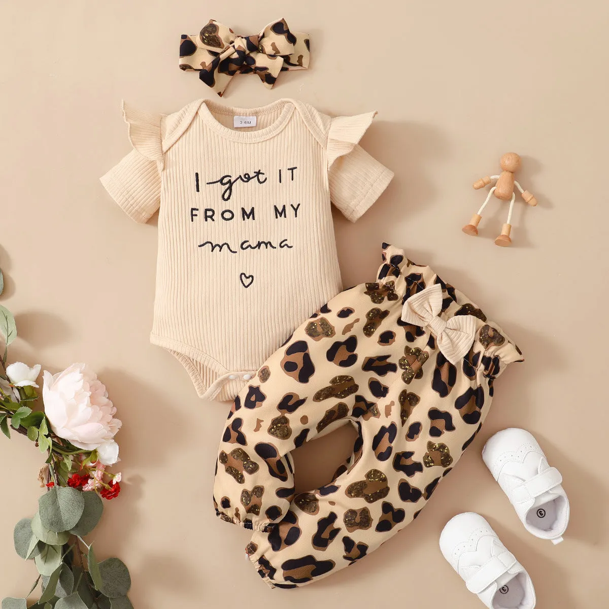 3 Pieces Set Baby Girls Letters Rompers Leopard Pants And Bow Headwear