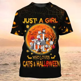 3D All Over Print Halloween Shirt Just A Girl Who Loves Cats And Halloween T Shirt