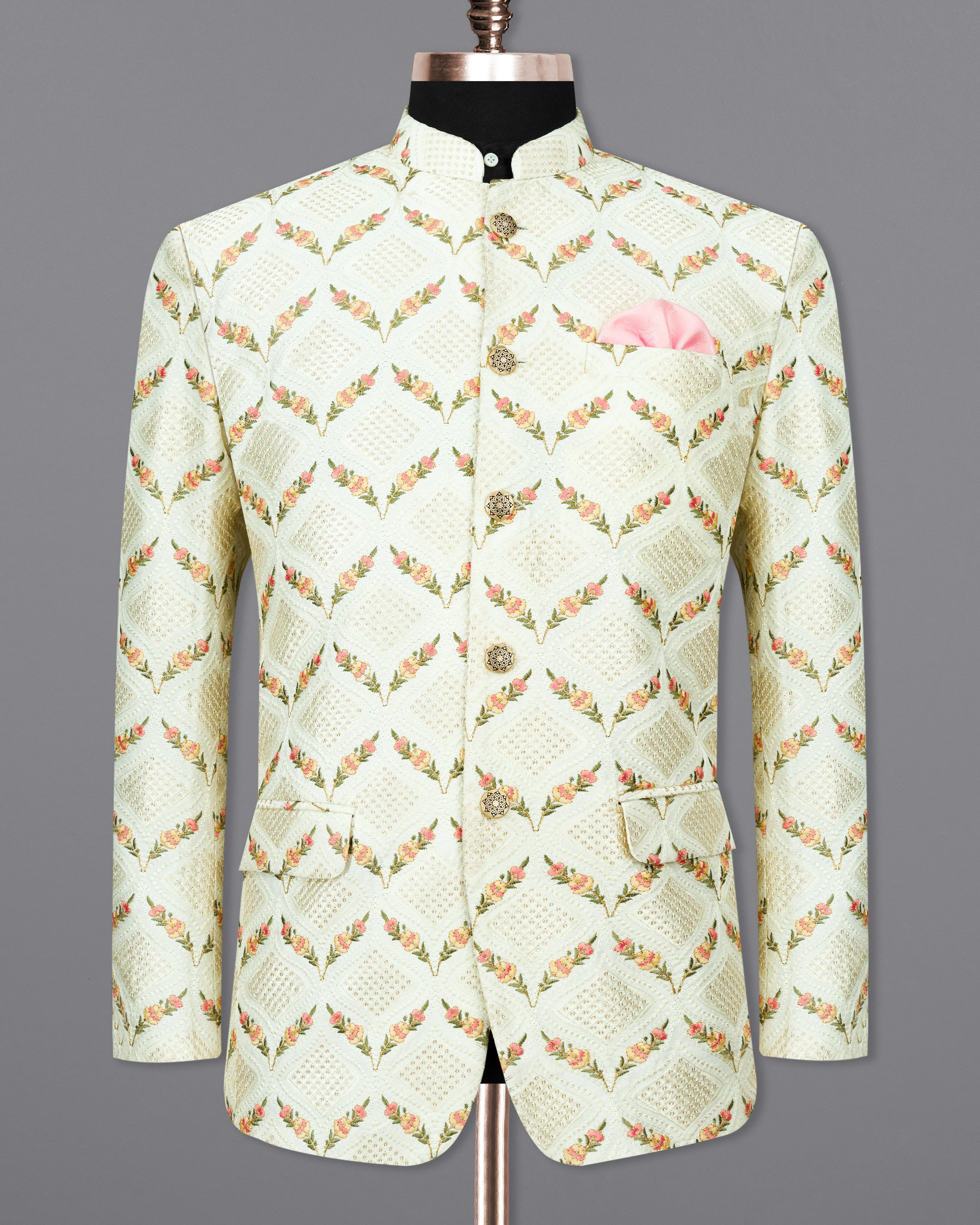 Albescent Cream with Sequins Embroidered Bandhgala Blazer