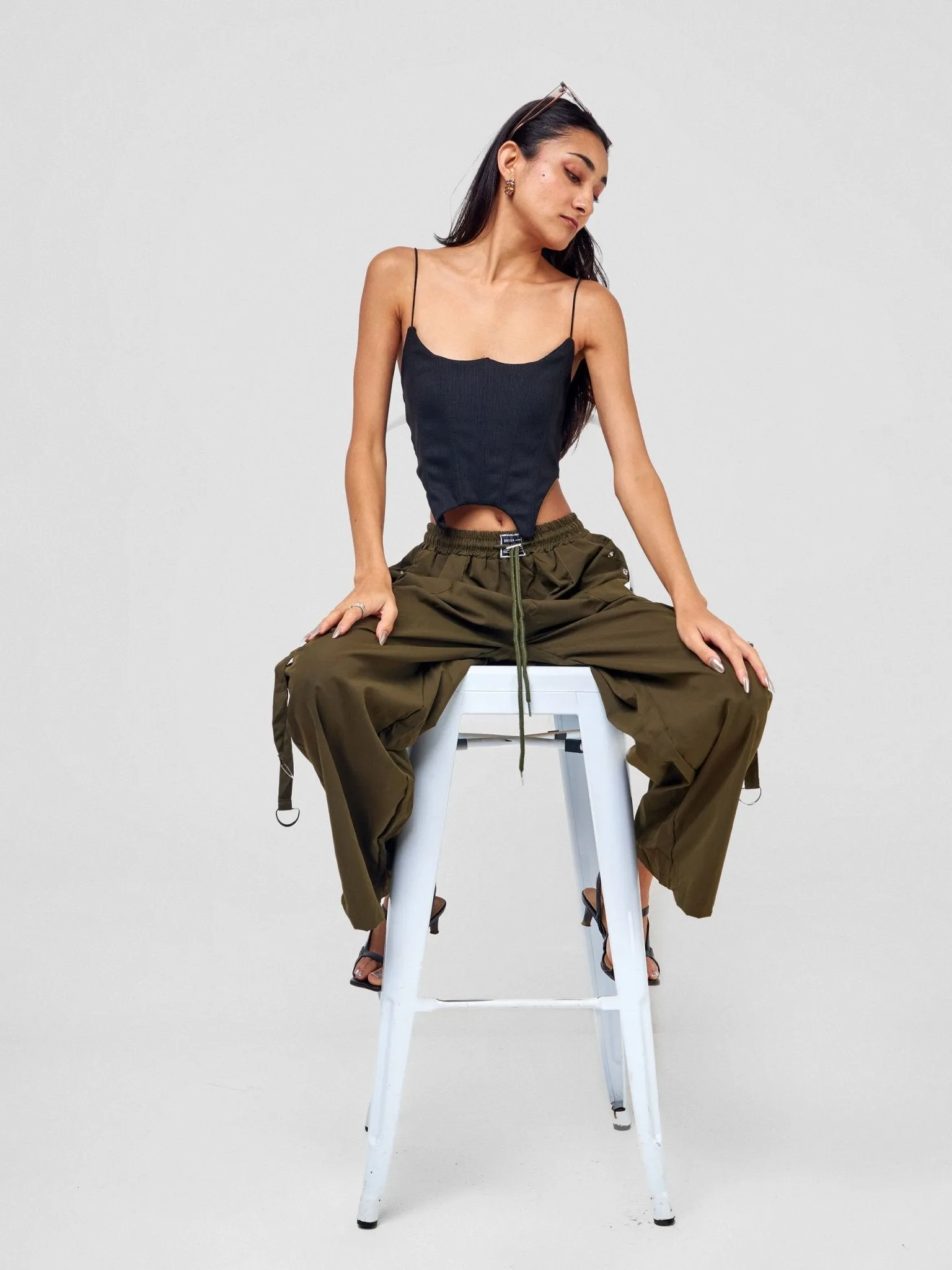 Anika Midi Rise ''Design'' Straight Fit Cargo Trousers - Army Green