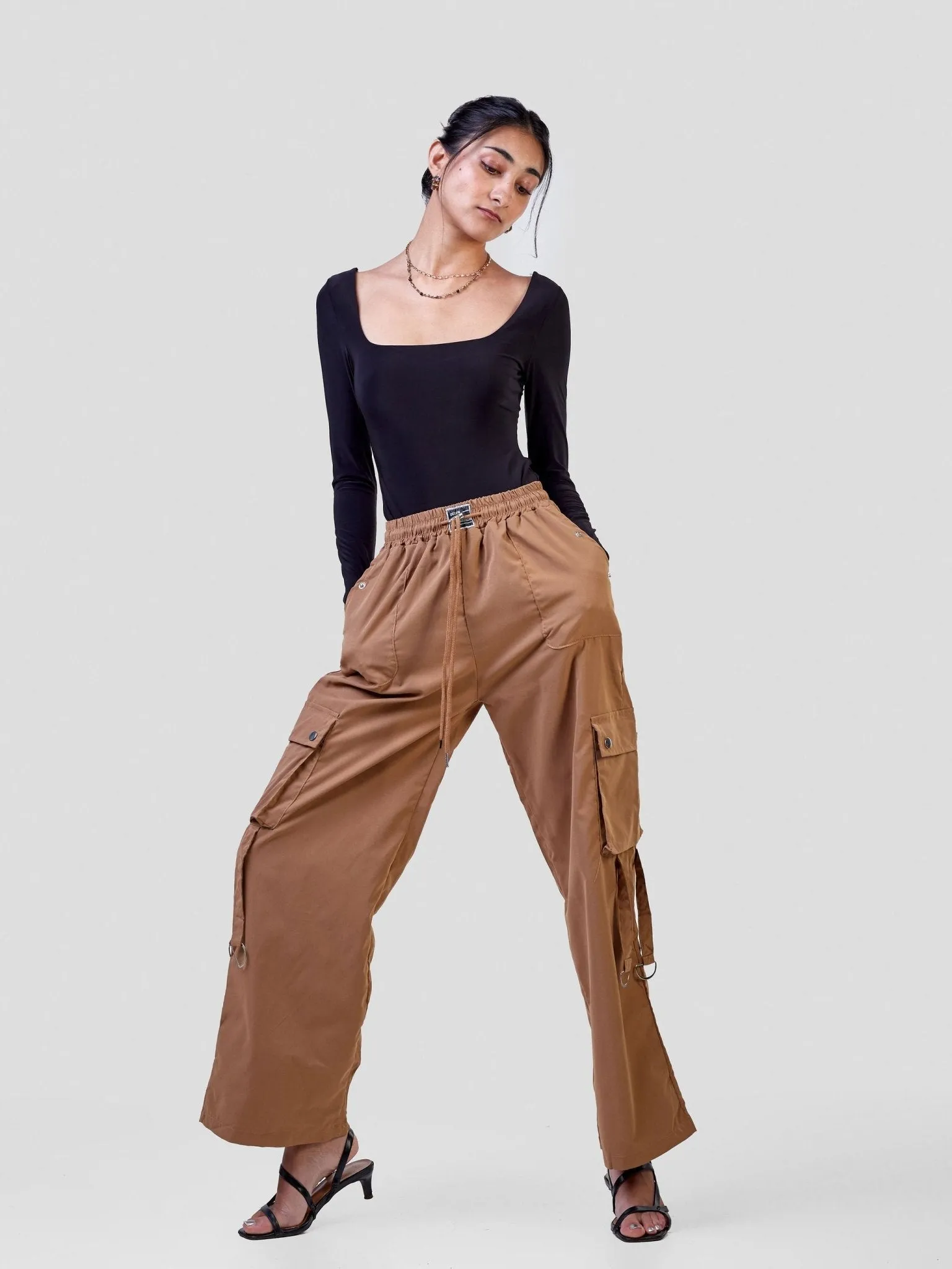 Anika Midi Rise ''Design'' Straight Fit Cargo Trousers - Khaki Brown