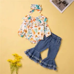 Baby Girls Floral Print One Piece Neck Jumpsuit Denim Flare Pants Set