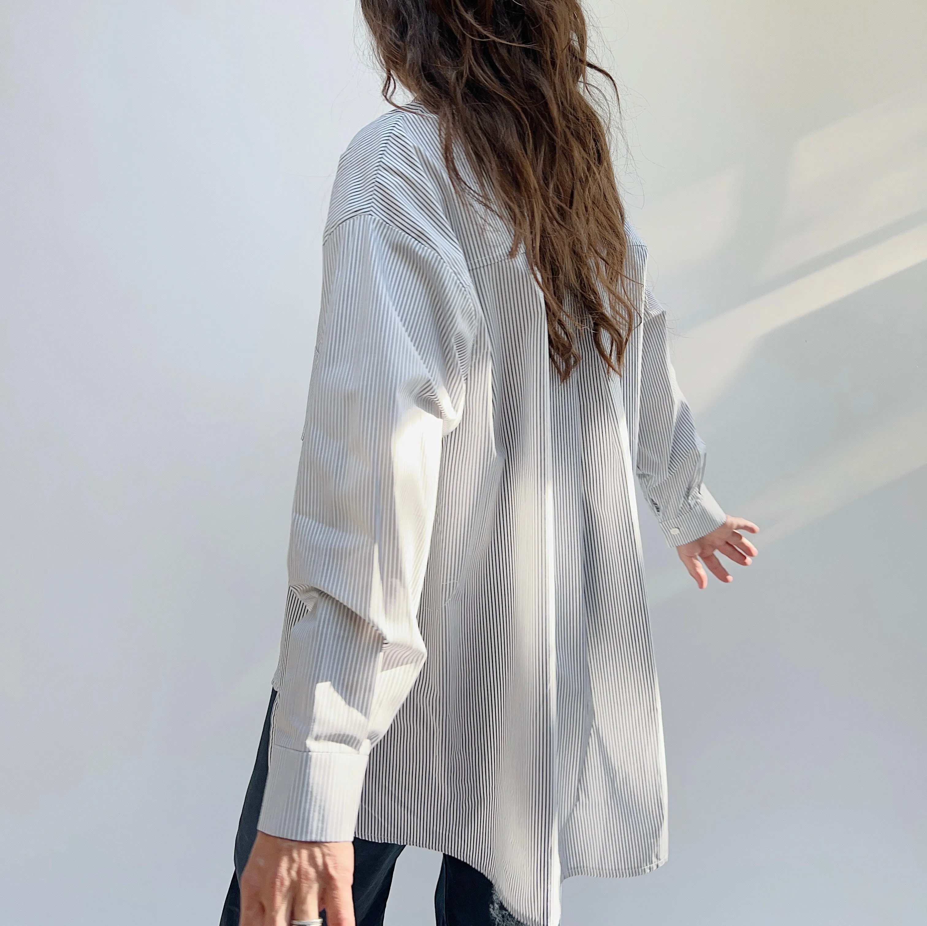 Baci | Oversized Hi Low Striped Button Down Shirt