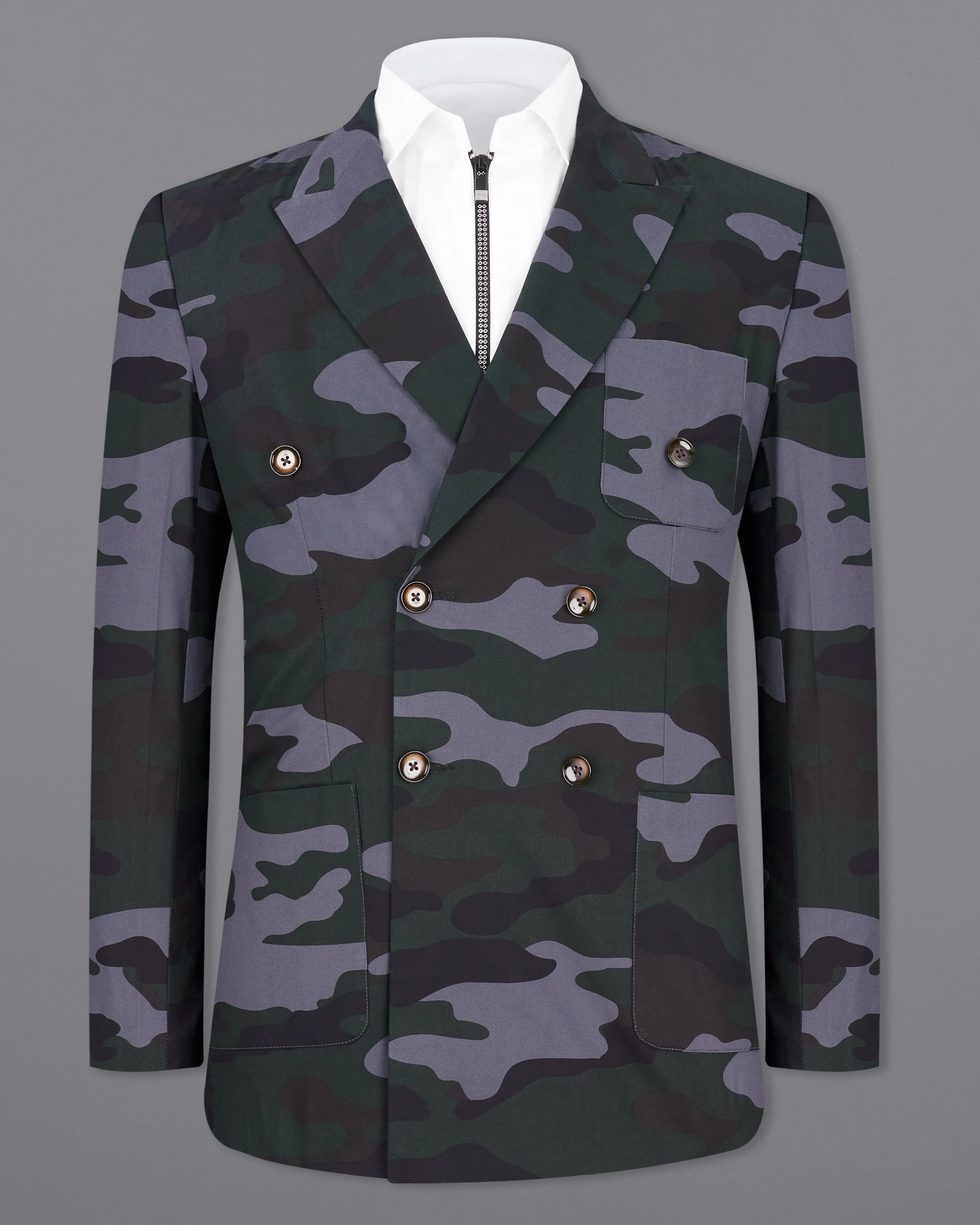 Baltic Green with Pale Gray Camouflage Premium Cotton Double Breasted Designer Sports Blazer