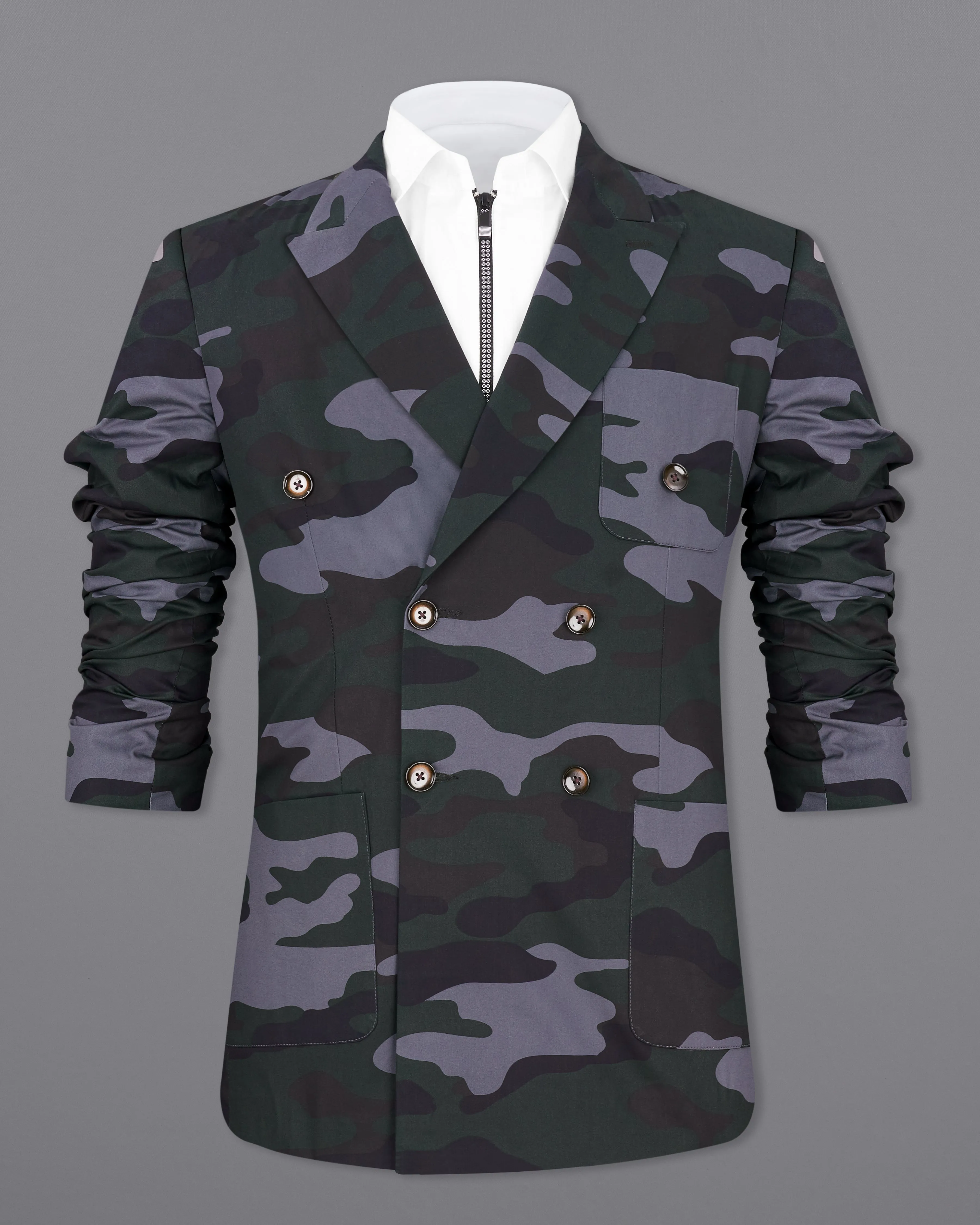 Baltic Green with Pale Gray Camouflage Premium Cotton Double Breasted Designer Sports Blazer