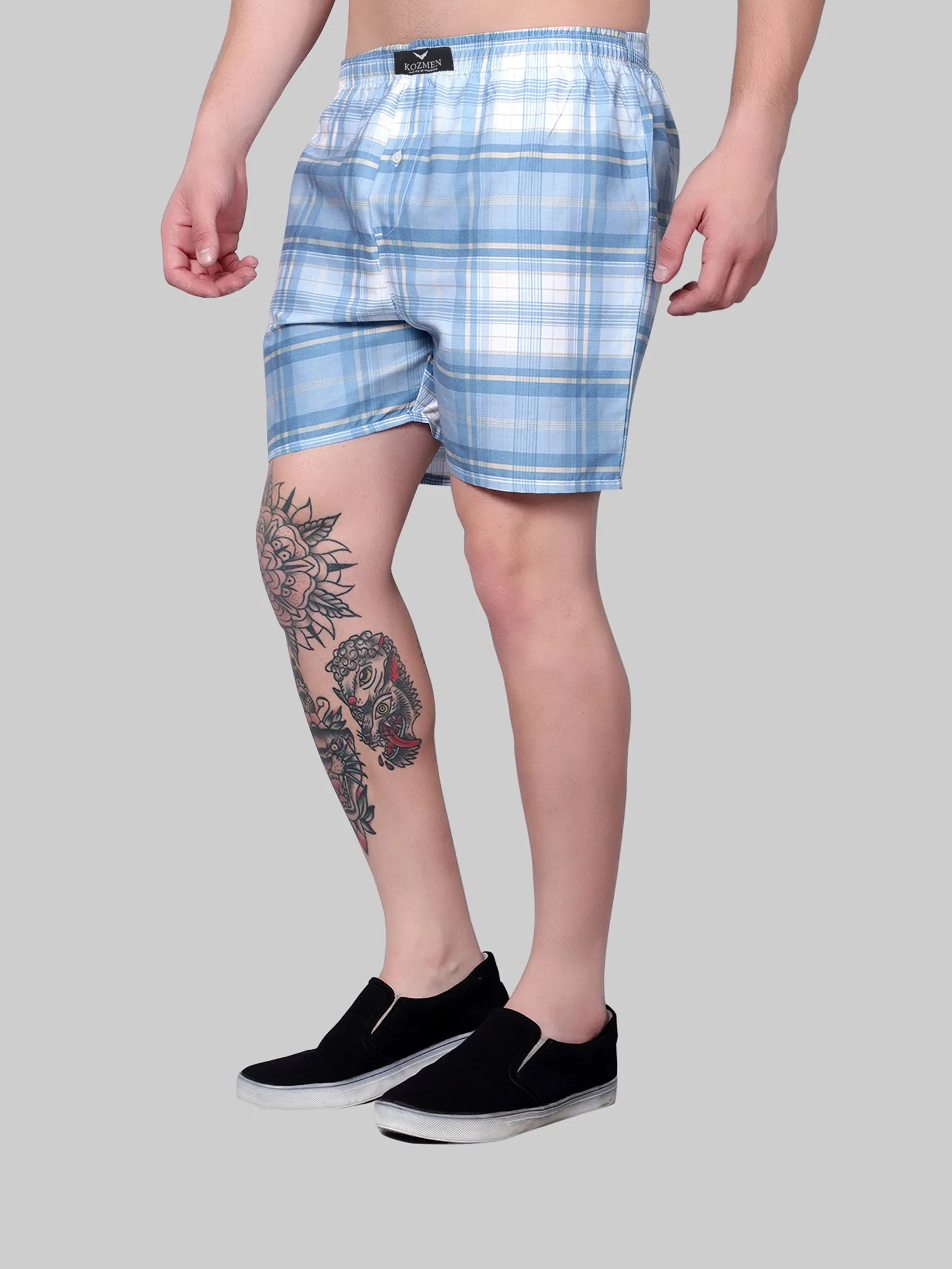 Blue and White Tartan Plaid Cotton Boxer