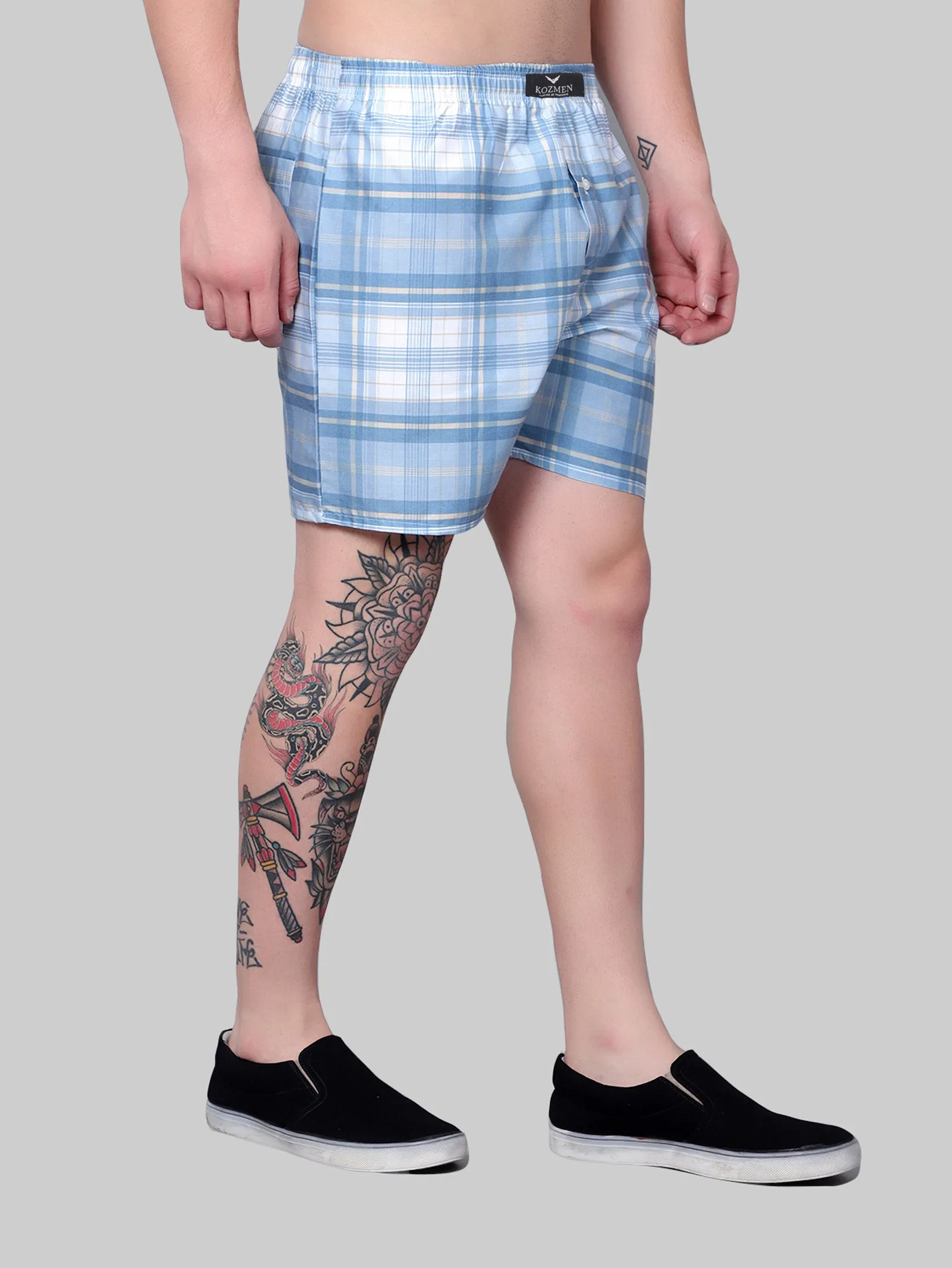 Blue and White Tartan Plaid Cotton Boxer