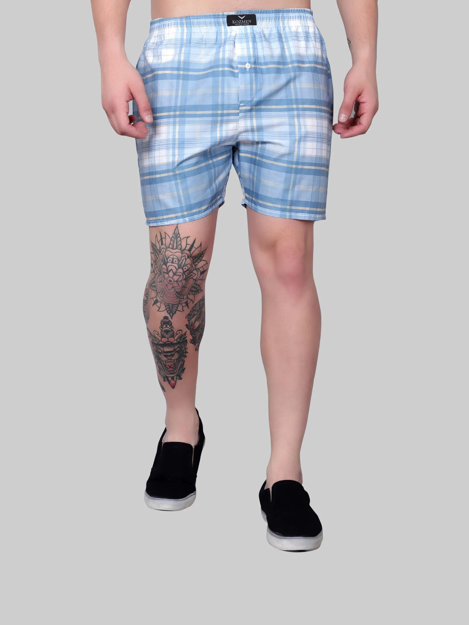 Blue and White Tartan Plaid Cotton Boxer