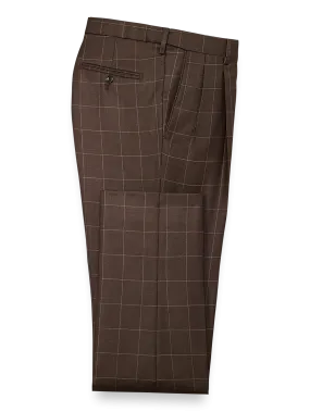 Classic Fit Essential Wool Pleated Suit Pants - Brown Windowpane