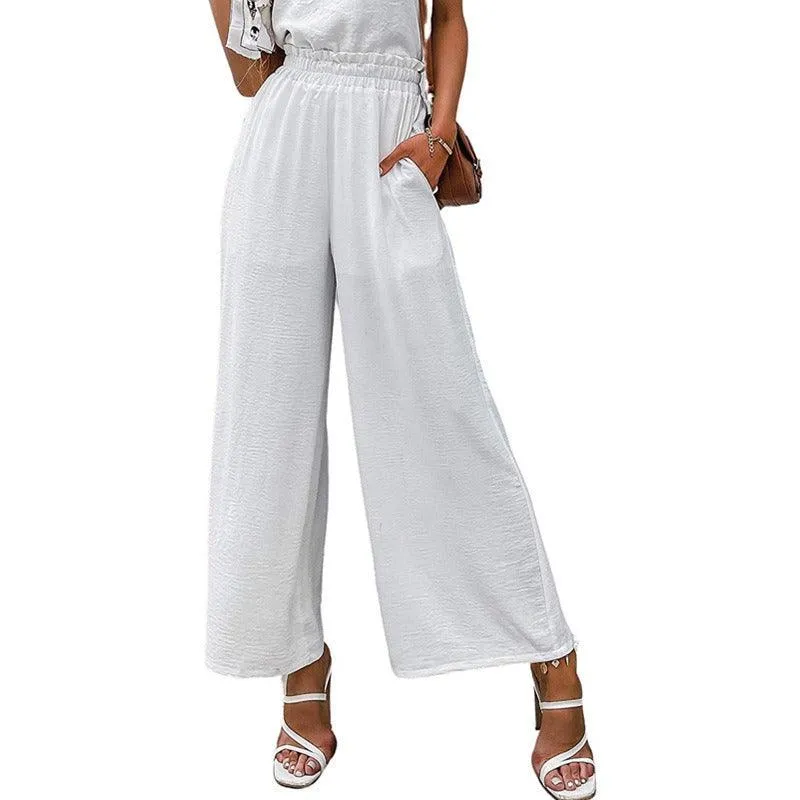 Cotton & Linen Solid High Waist Wide-leg Pants