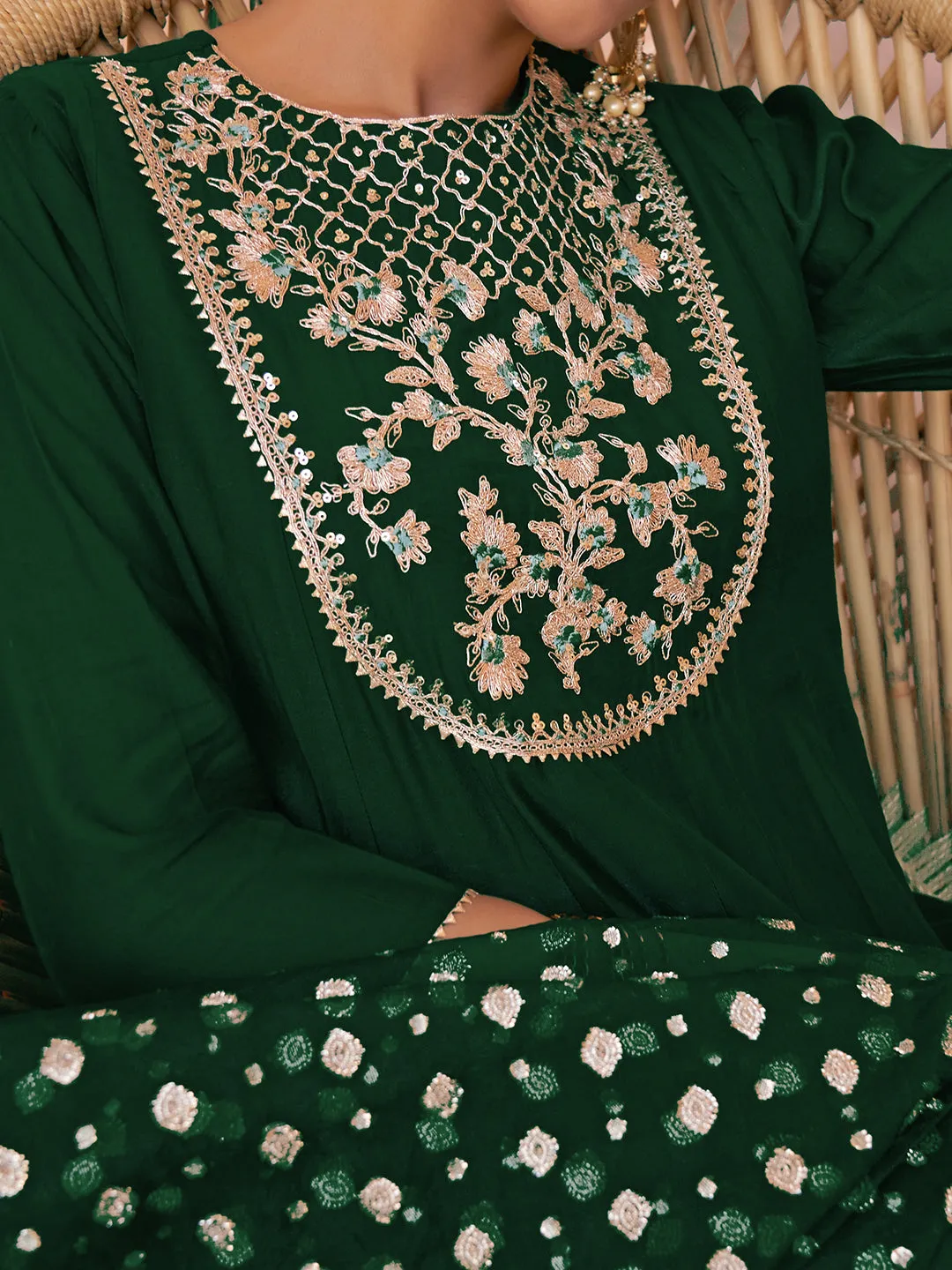 Dark Green Chanderi Embellished Kurta with Palazzo and Dupatta