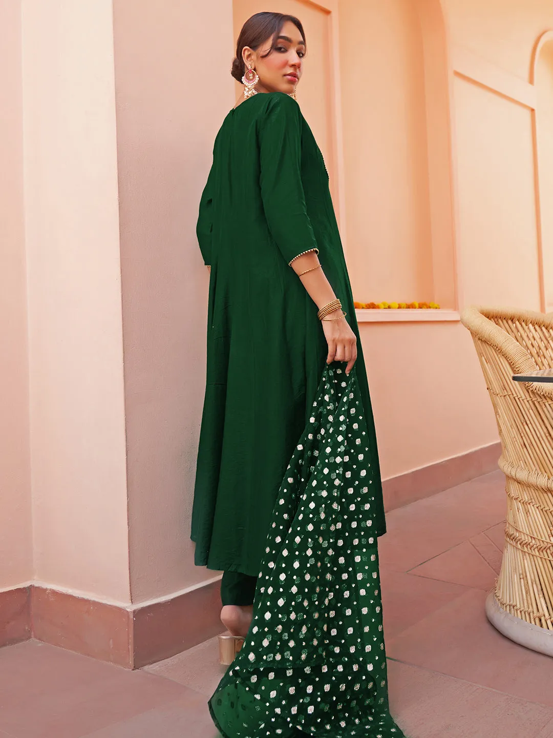 Dark Green Chanderi Embellished Kurta with Palazzo and Dupatta