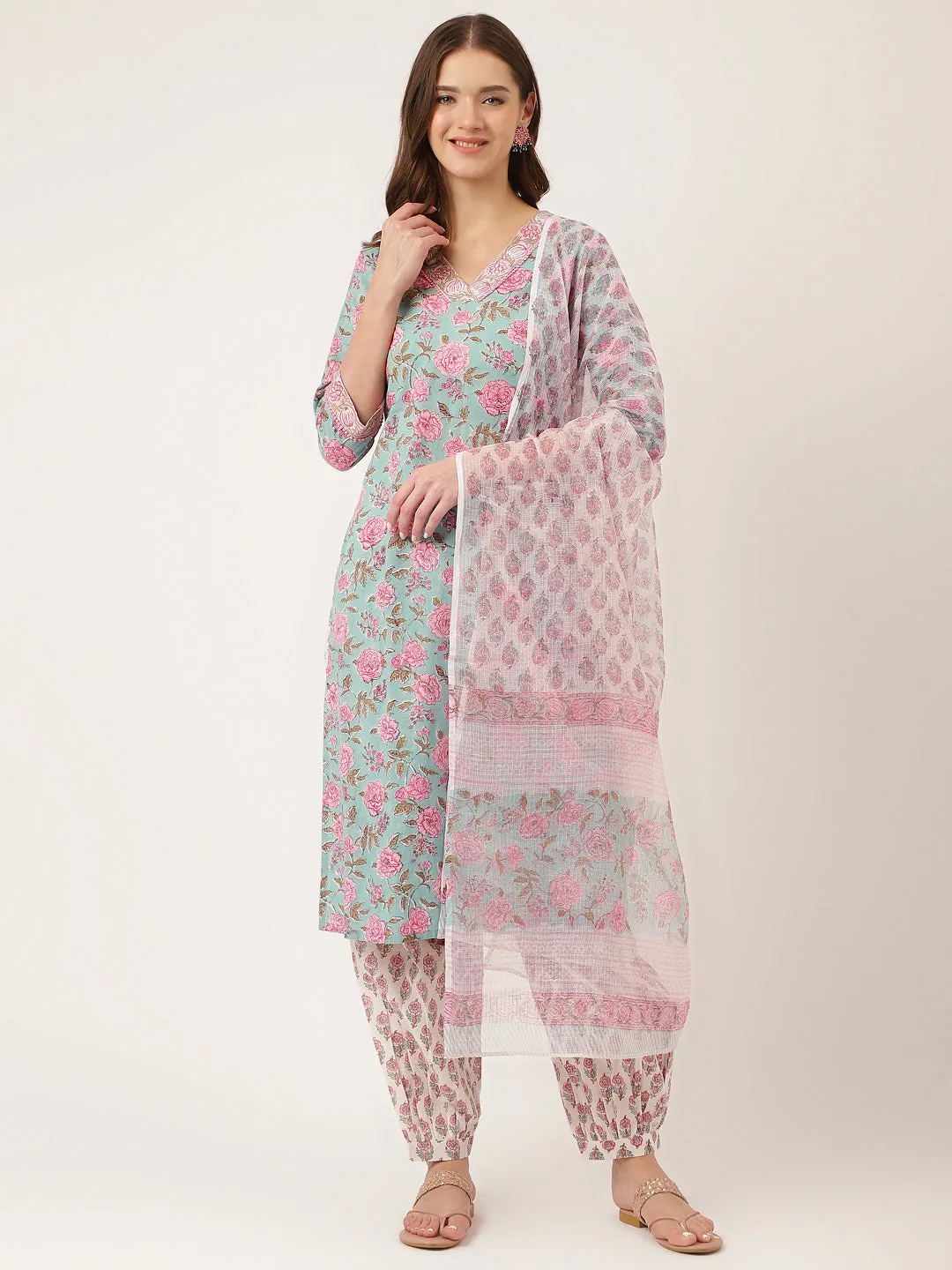 Divena Blue Hand Block Floral Print Cotton Kurta, Salwar With Dupatta