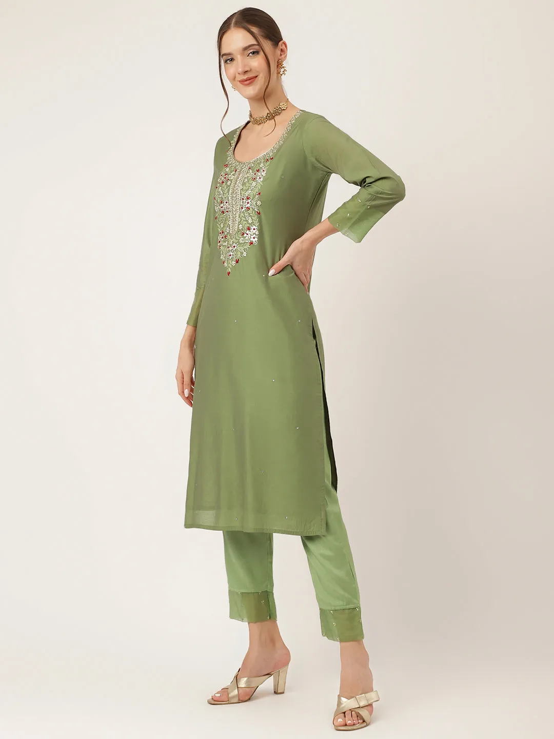 Divena Green Embroidered  Chanderi  Kurta, Trouser With Dupatta