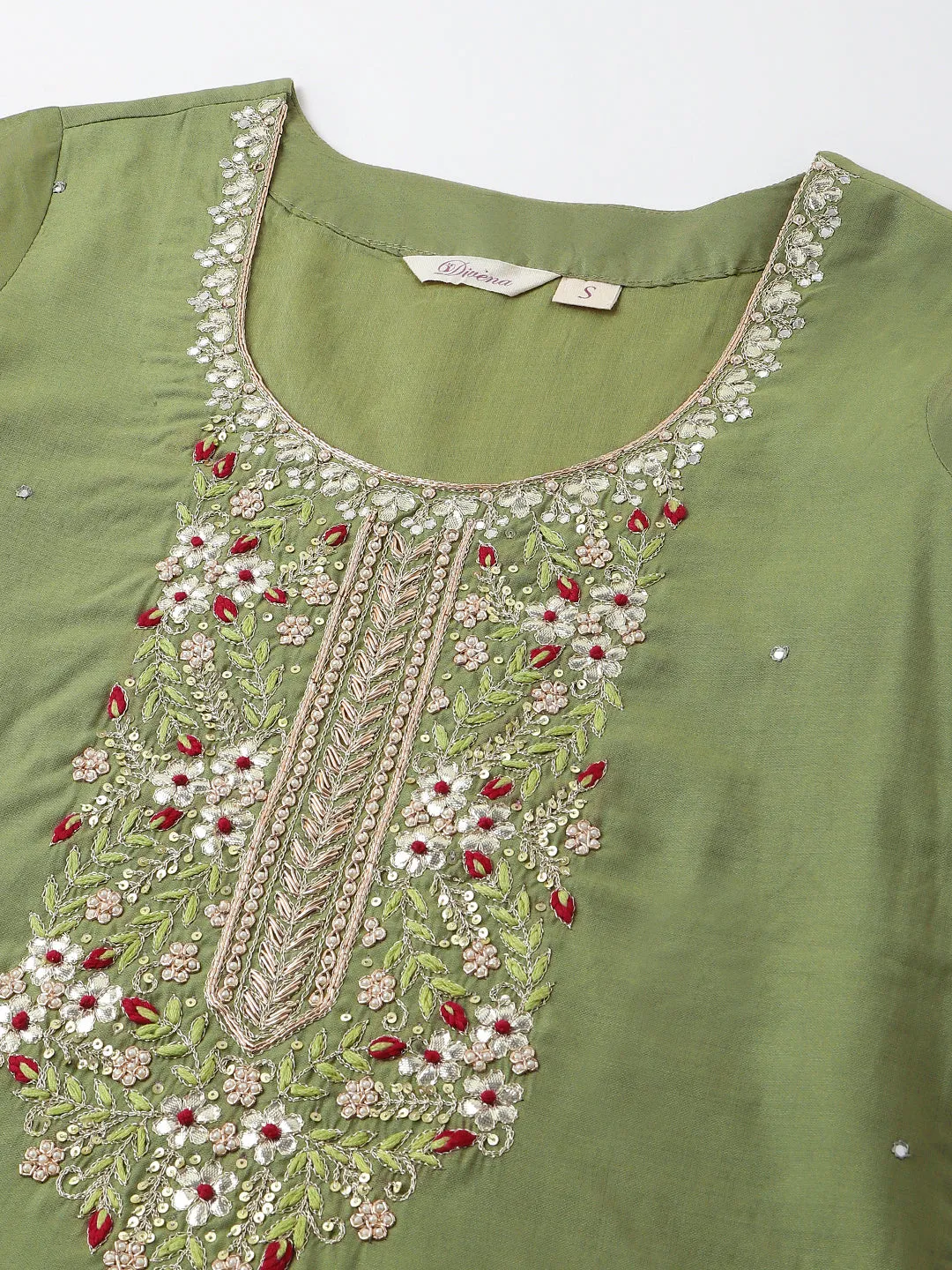 Divena Green Embroidered  Chanderi  Kurta, Trouser With Dupatta