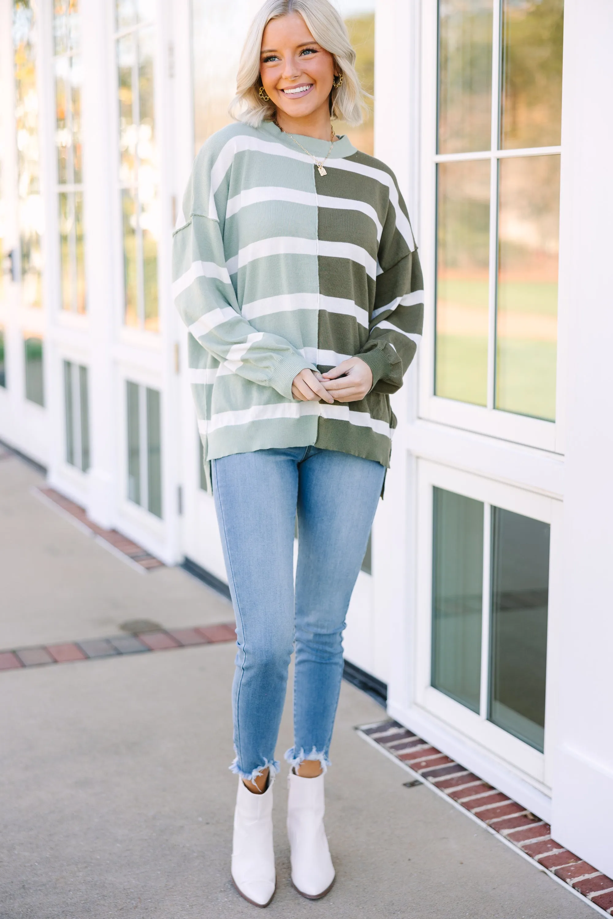 Easy To See Sage & Olive Striped Sweater