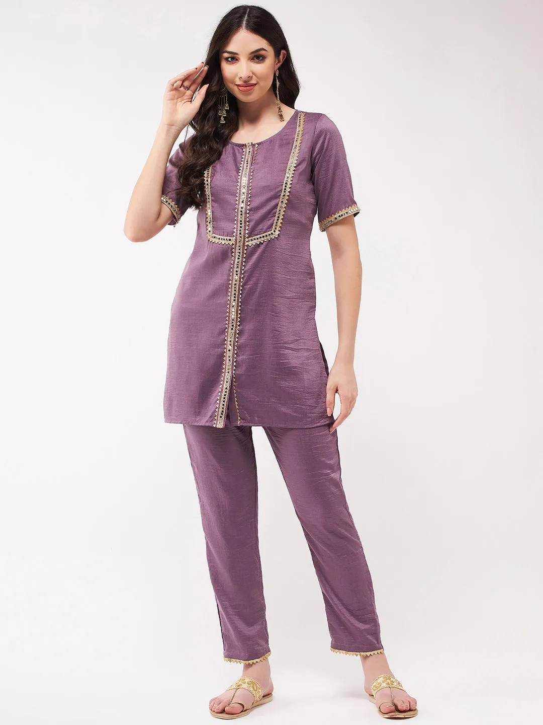 Festive Solid Short Kurti With Mirror Lace And Matching Pant Set