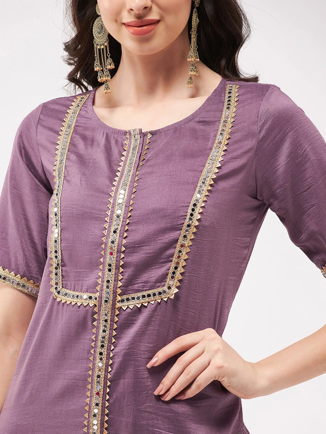 Festive Solid Short Kurti With Mirror Lace And Matching Pant Set