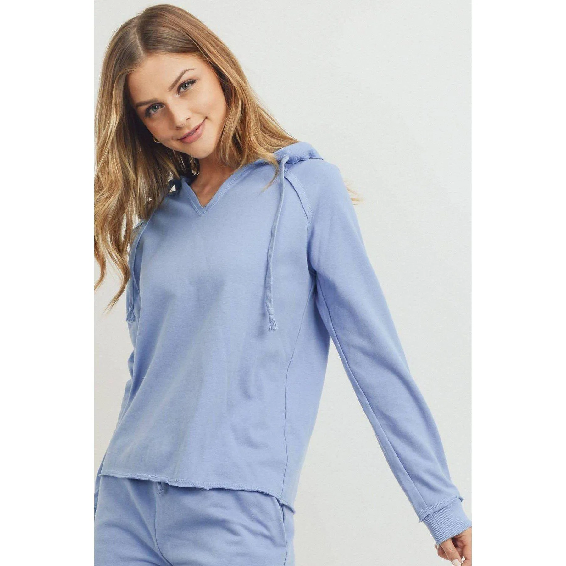 French Terry Hood With V-neck Long Sleeve Top