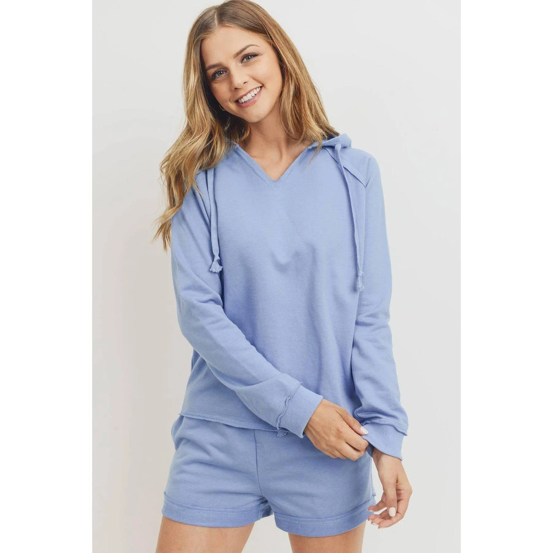 French Terry Hood With V-neck Long Sleeve Top