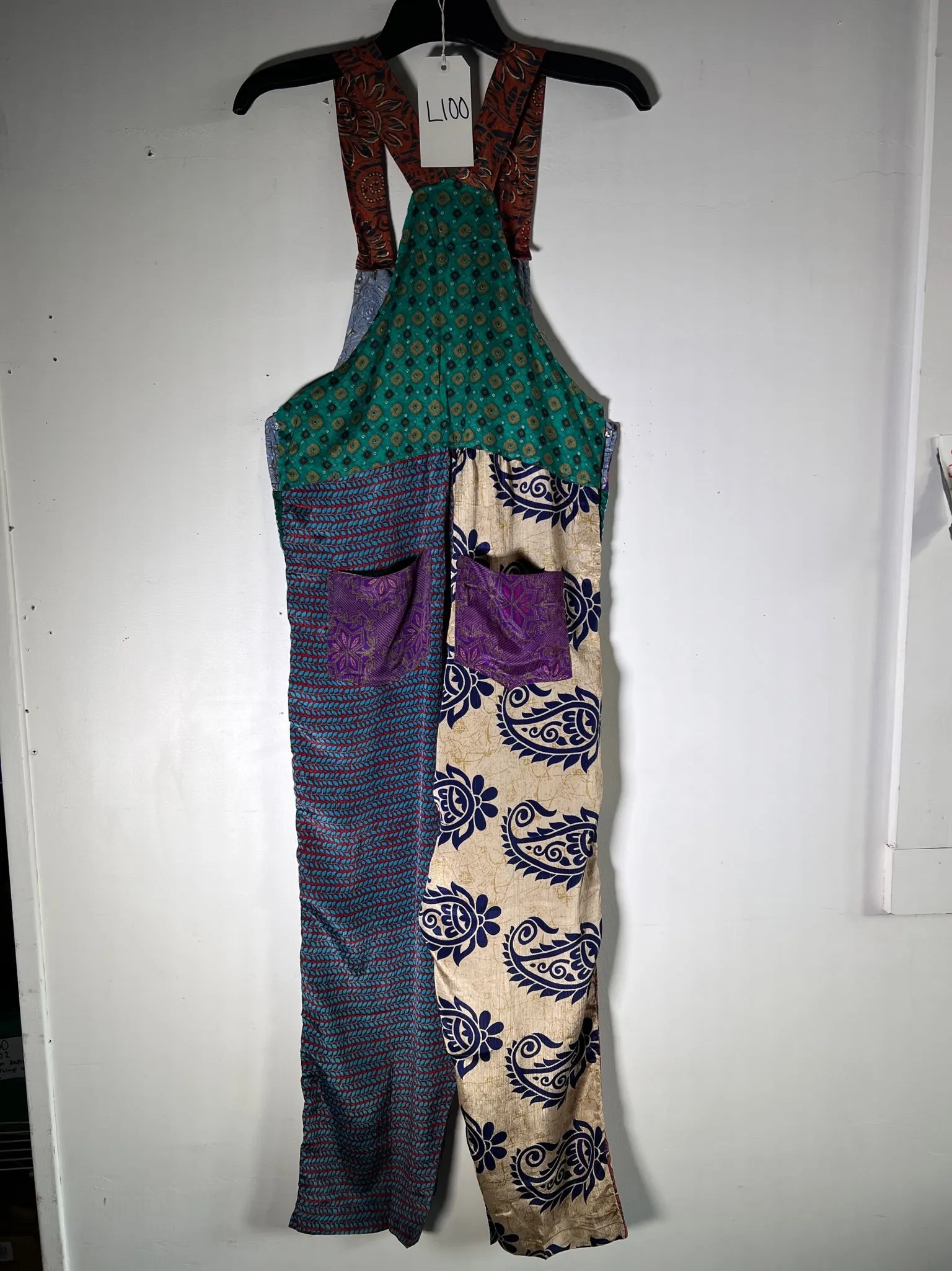 L100 Small Dark Star Upcycled Patchwork Sari Silk Overalls