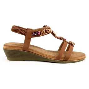 Ladies Lunar Frankie Sandal Tan Soft Low Wedge Heel sale