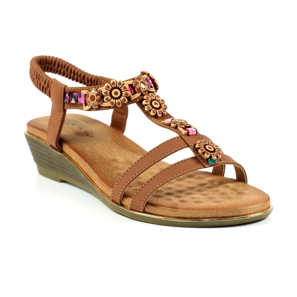 Ladies Lunar Frankie Sandal Tan Soft Low Wedge Heel sale