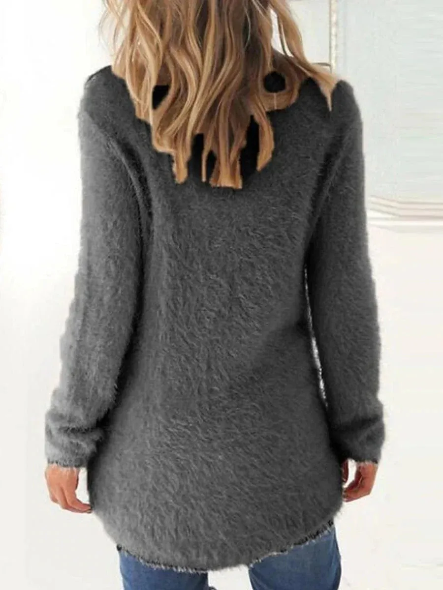 Lake Blue Ribbed Knit Fluffy Fleece Sweater