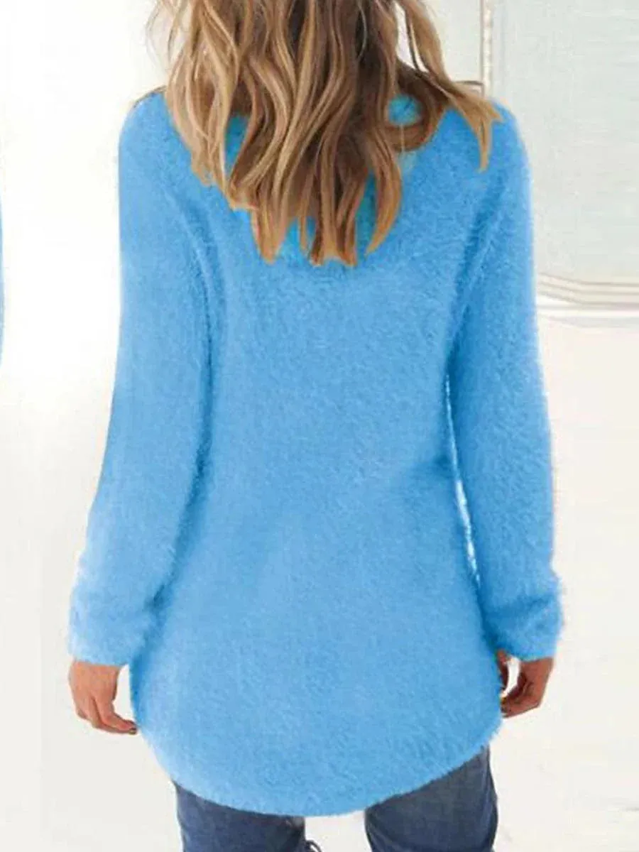 Lake Blue Ribbed Knit Fluffy Fleece Sweater