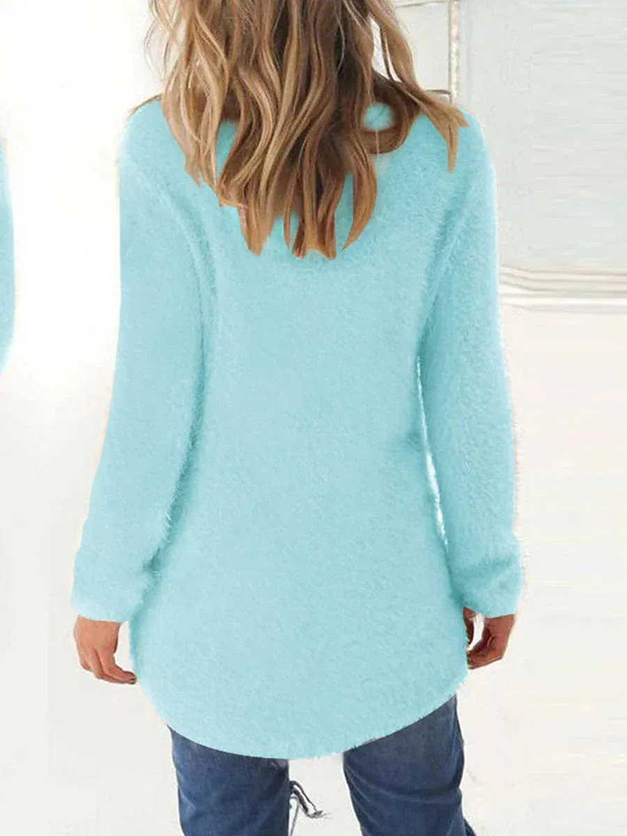 Lake Blue Ribbed Knit Fluffy Fleece Sweater