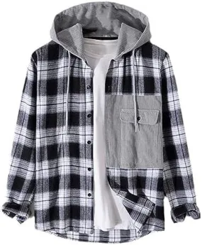 Mens Corduroy Hoodie Shirts Color Block Plaid Patchwork XL S4193019