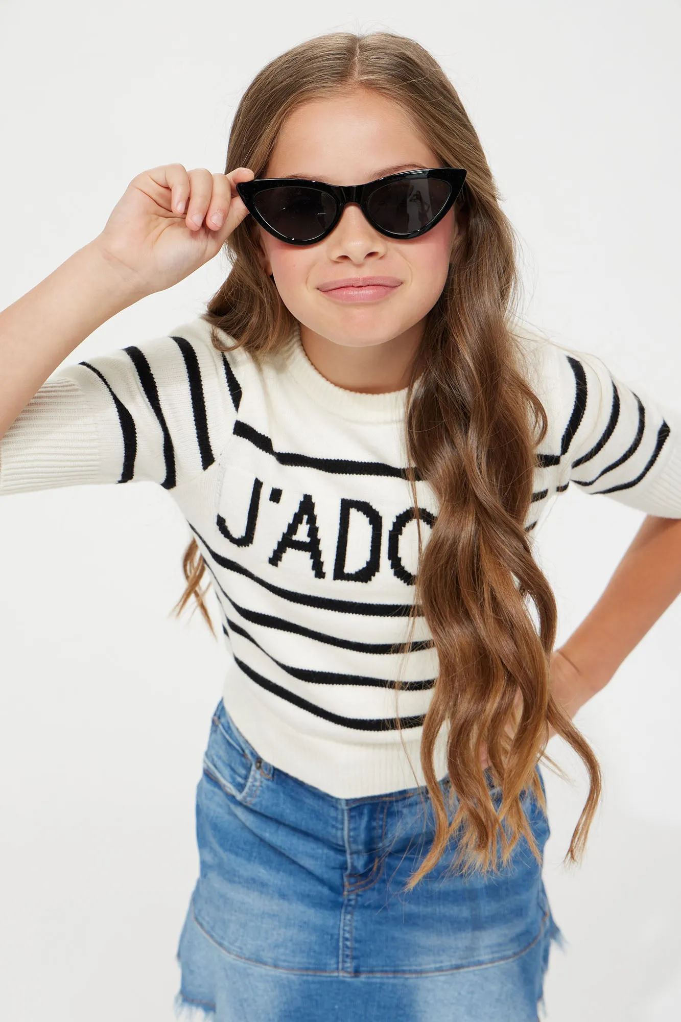 Mini J'adore Striped Short Sleeve Sweater - Ivory