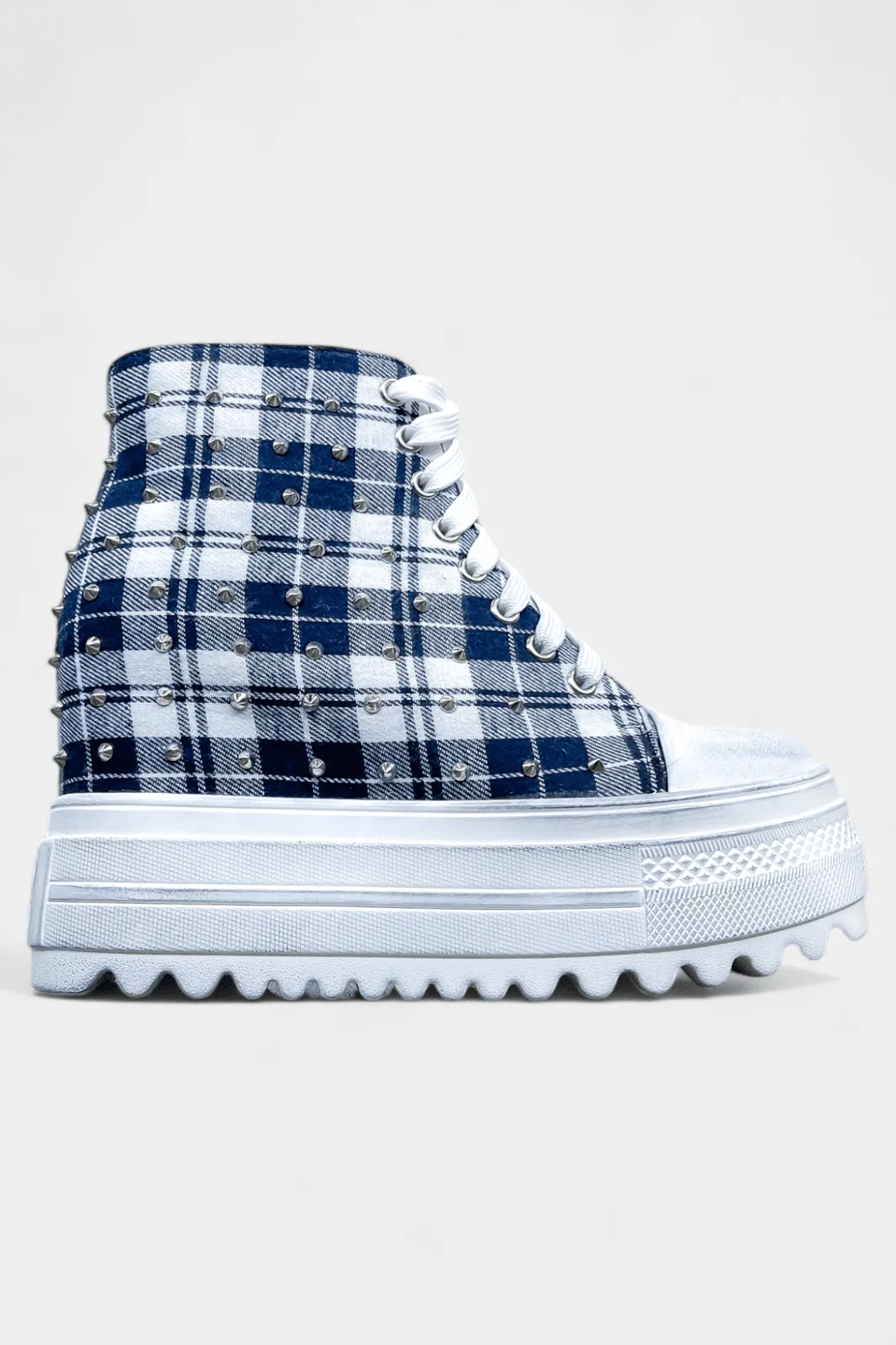 Navy Plaid Platform Wedge Sneakers