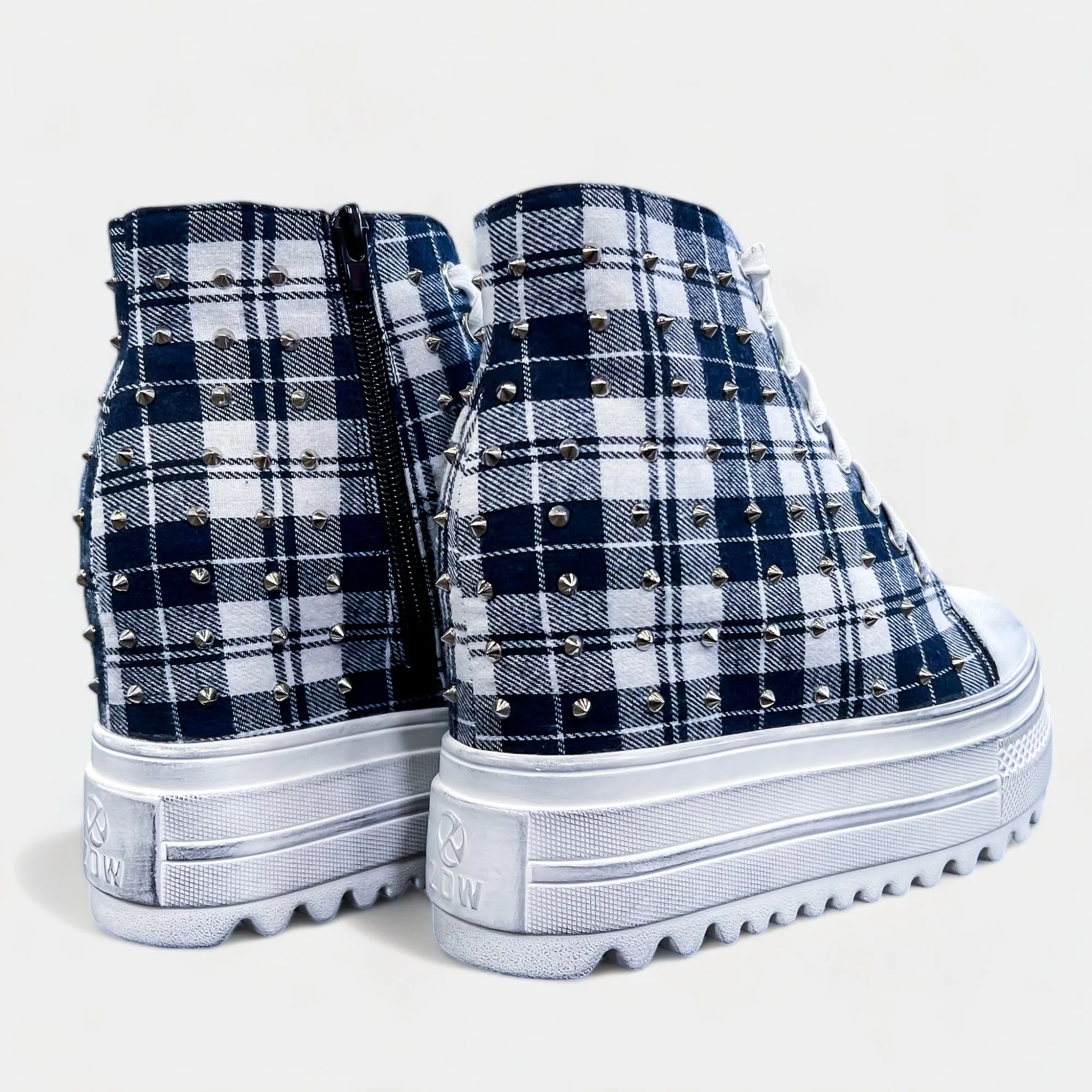 Navy Plaid Platform Wedge Sneakers