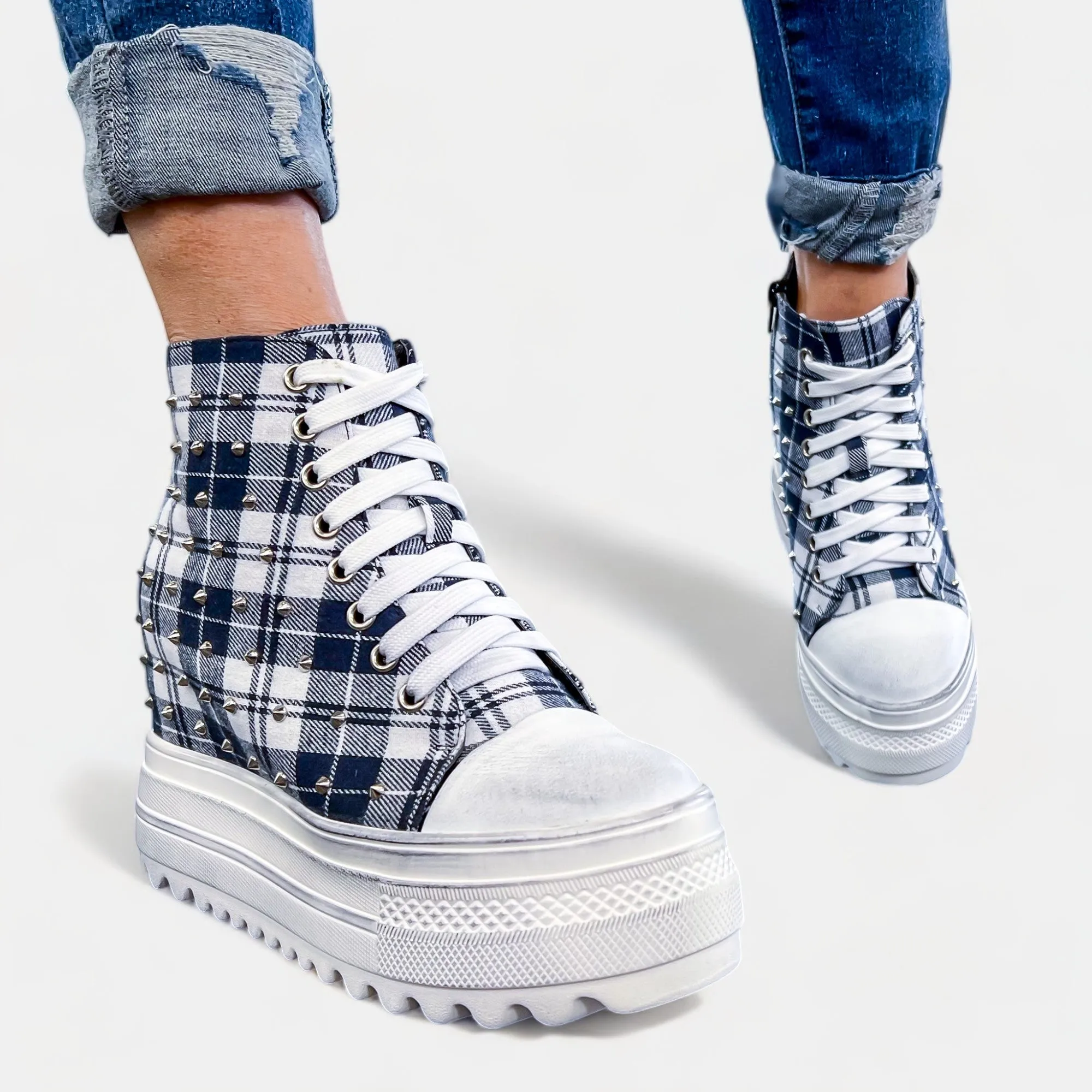 Navy Plaid Platform Wedge Sneakers