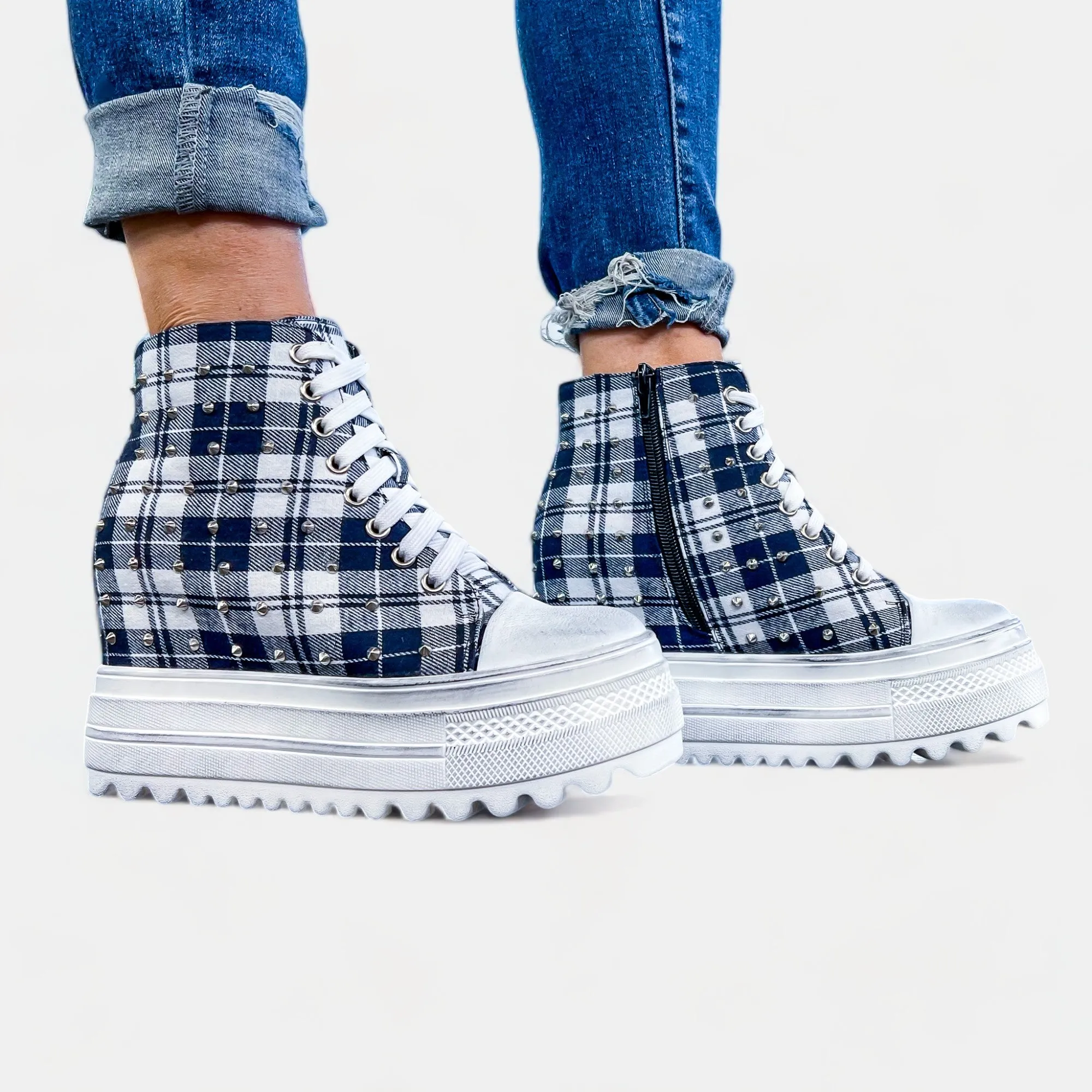 Navy Plaid Platform Wedge Sneakers