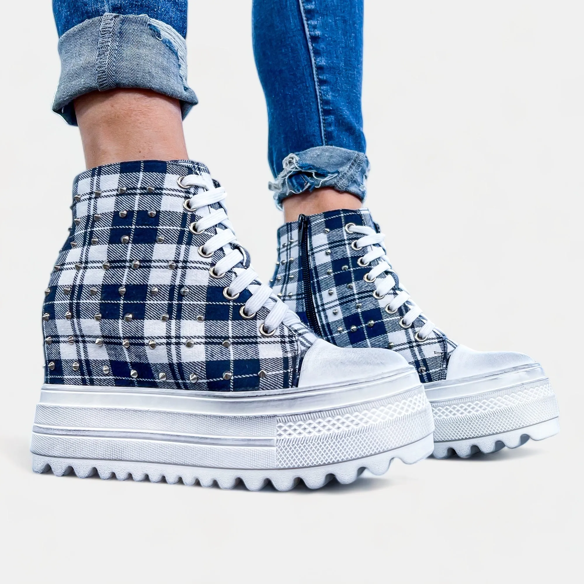 Navy Plaid Platform Wedge Sneakers