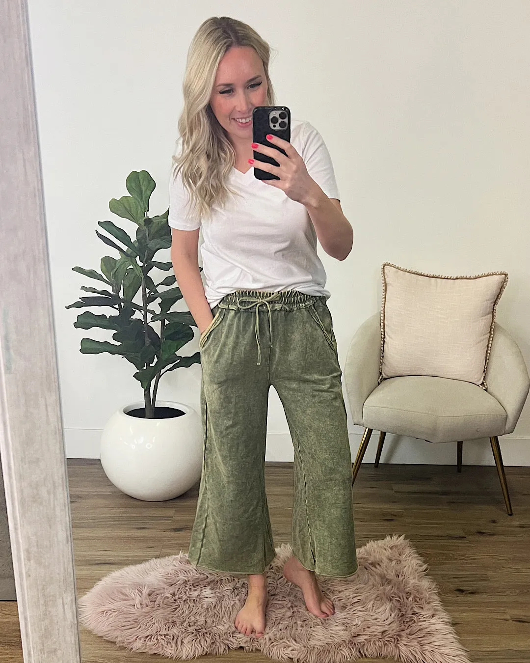 NEW! Mineral Wash Wide Leg Lounge Pants - Ash Olive