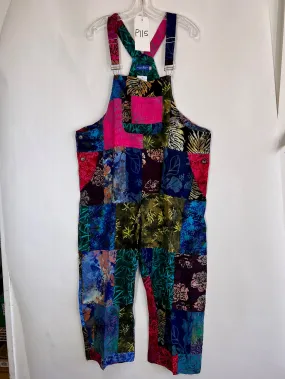 P115 One of a Kind Playful Batik Patchwork Overalls XL