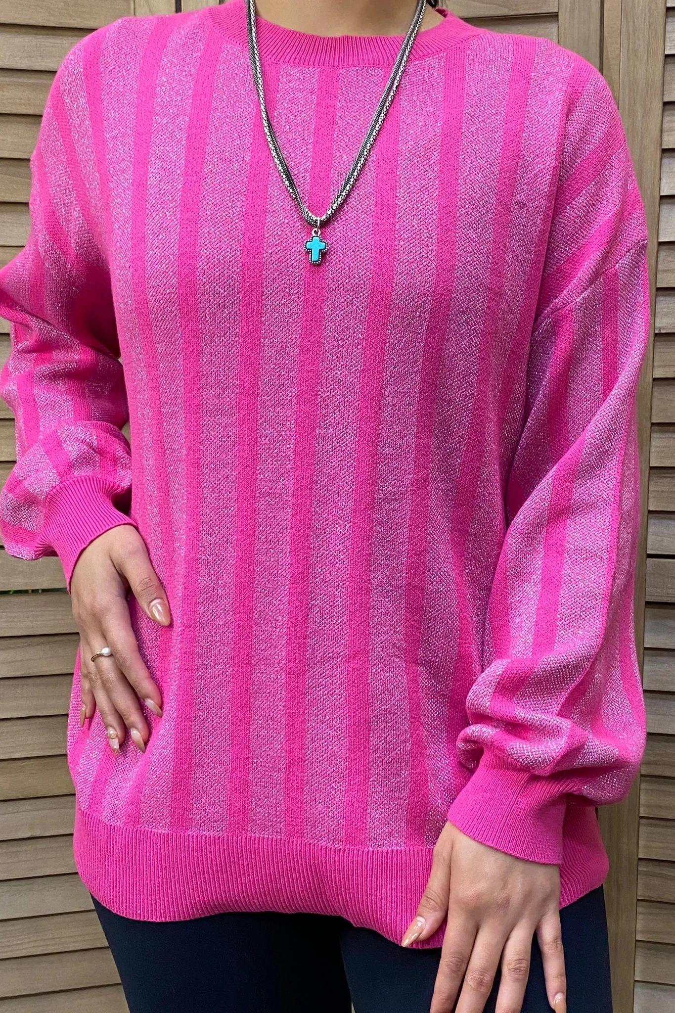 Pink Sweater with silver stripes