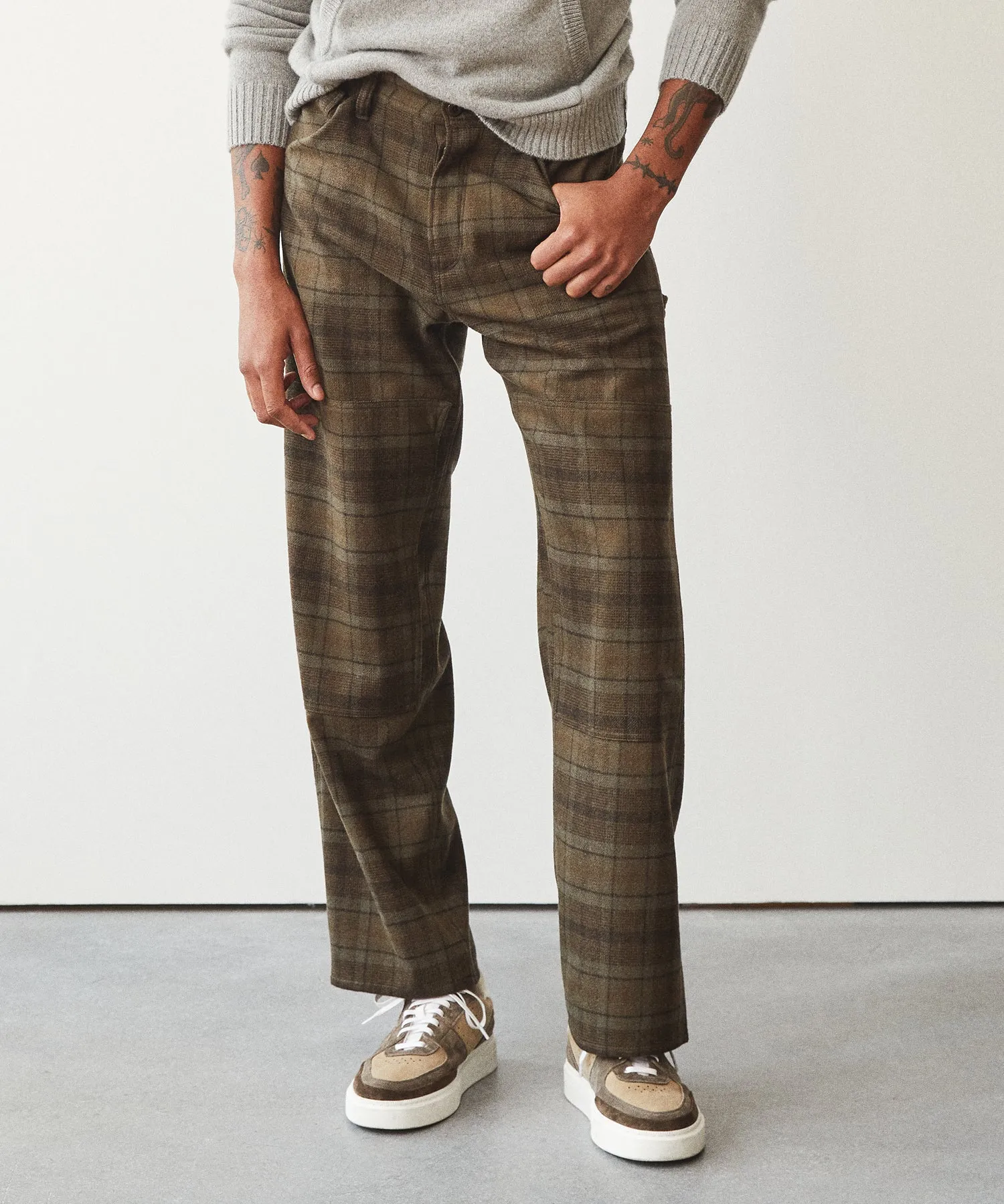 Relaxed Wool Welder Pant in Olive Plaid