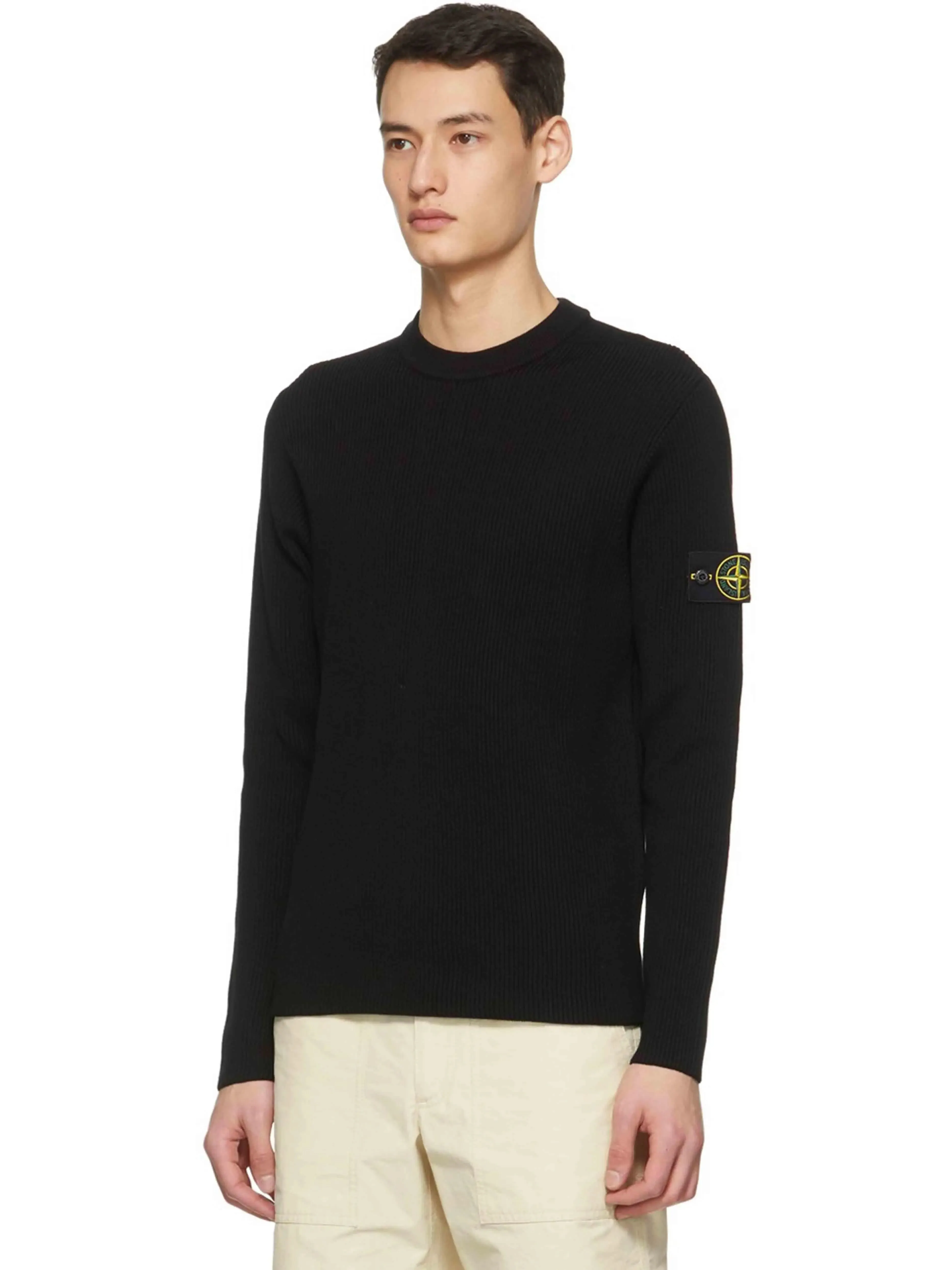 Stone Island Ribbed Crewneck Cotton Sweater Black