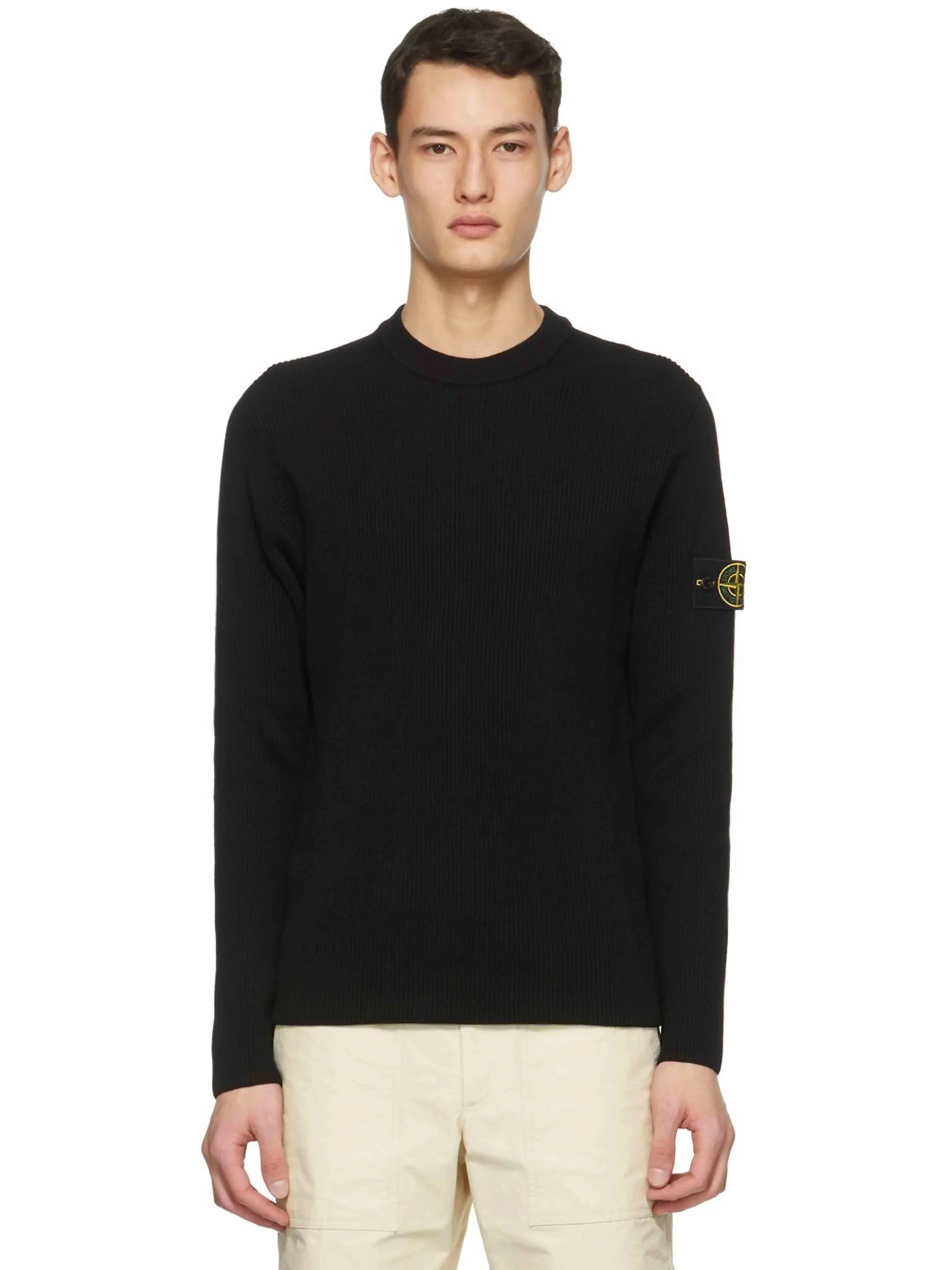 Stone Island Ribbed Crewneck Cotton Sweater Black