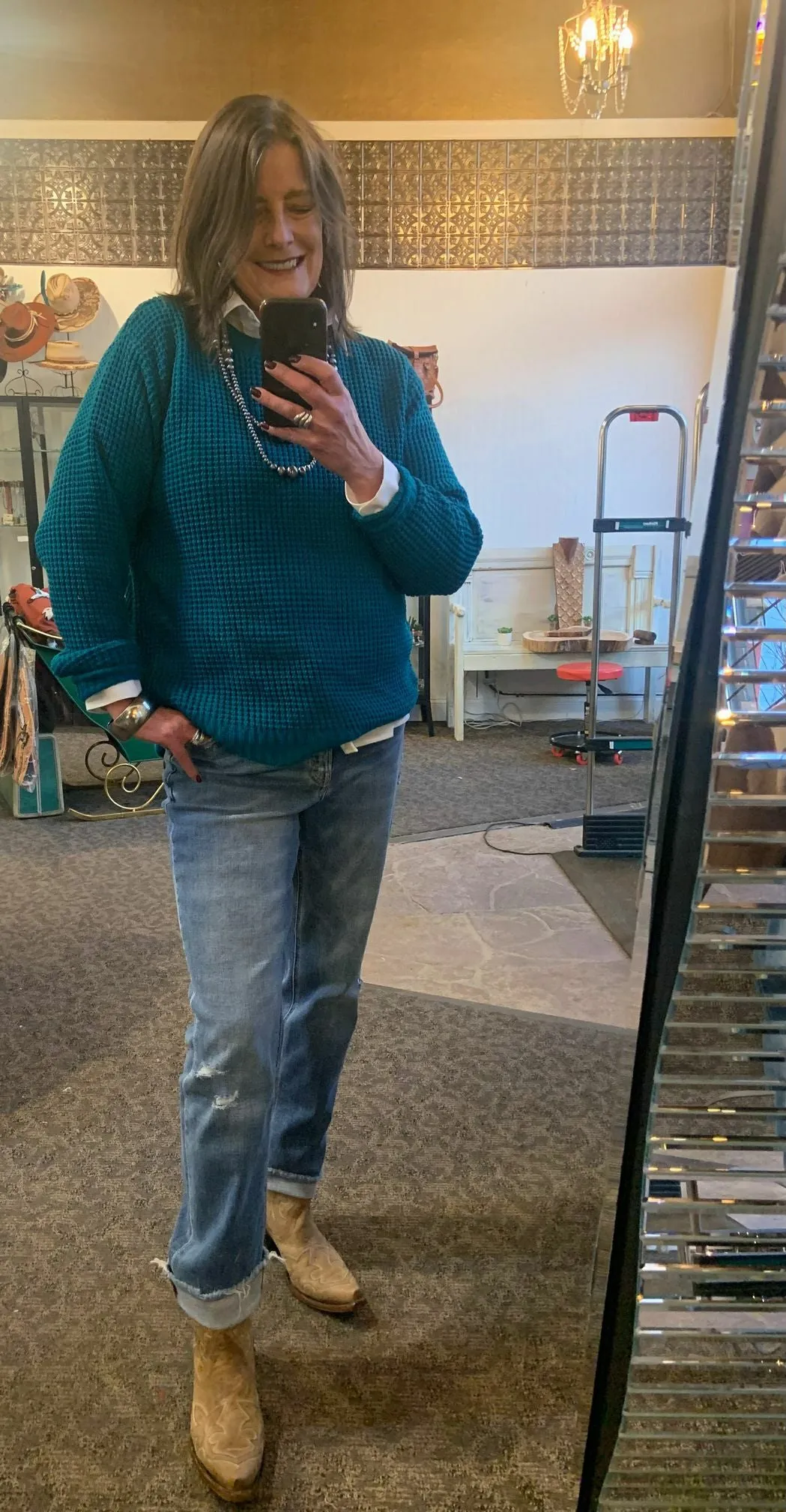 Teal Waffle Crew Neck Sweater - Small to XL