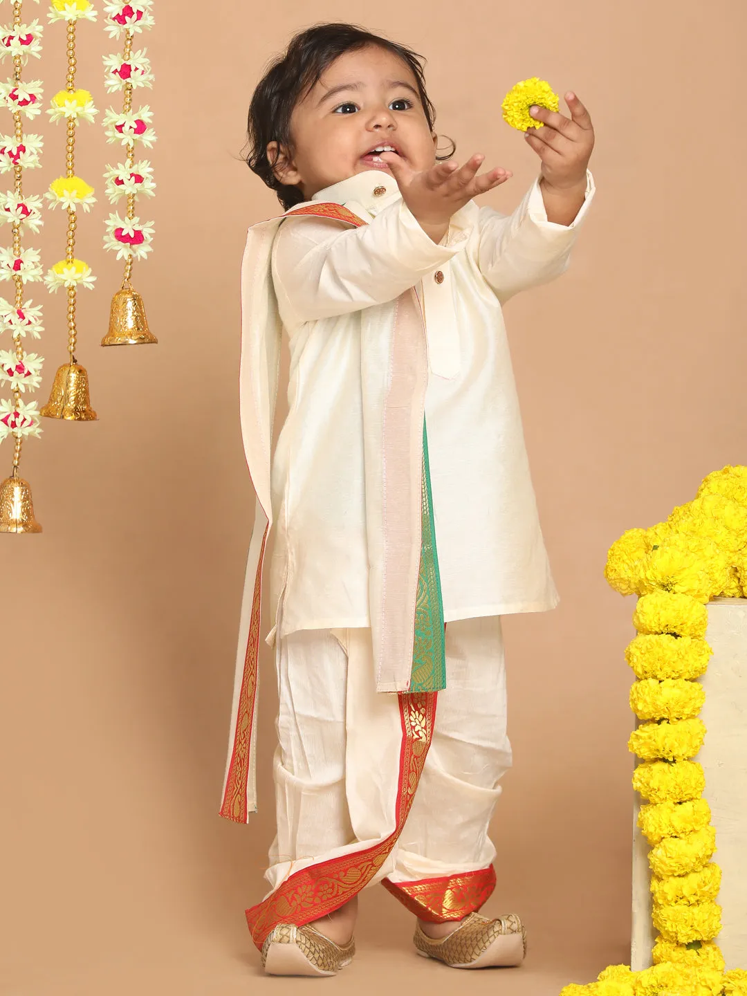 VASTRAMAY Boy's Cream-Colored Kurta With Dhoti Pants & Dupatta Set